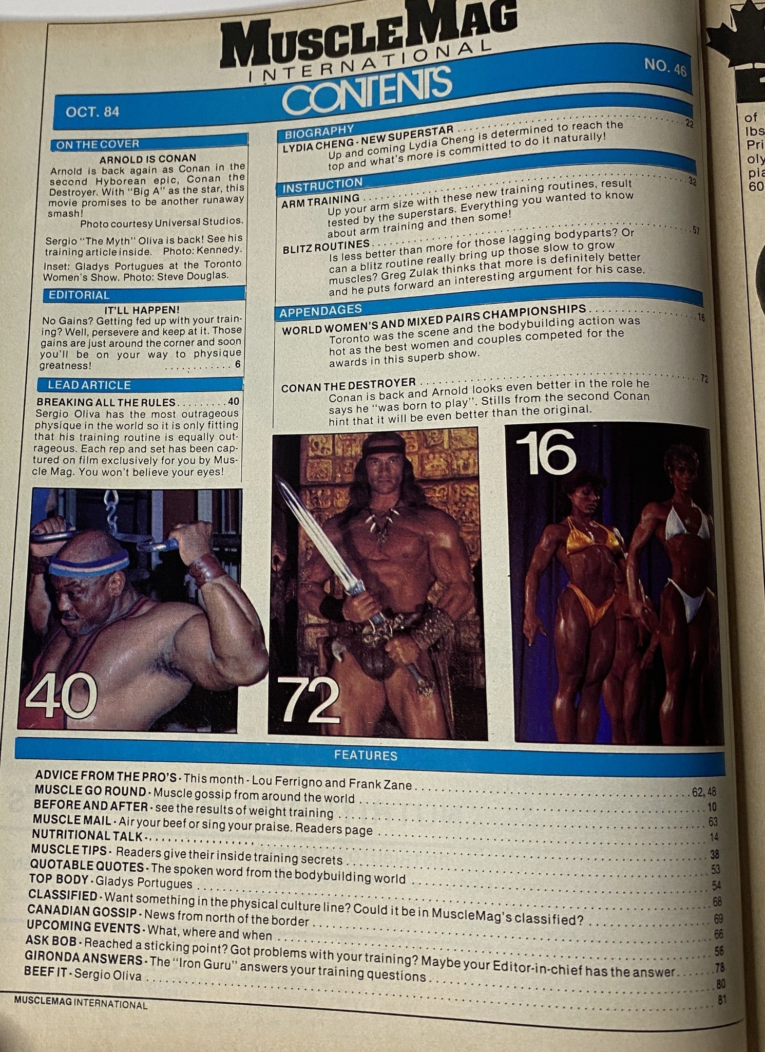 Contents page of MuscleMag International Magazine October 1984 No. 46, including articles on Sergio Oliva, arm training routines, and coverage of the World Women’s and Mixed Pairs Championships.