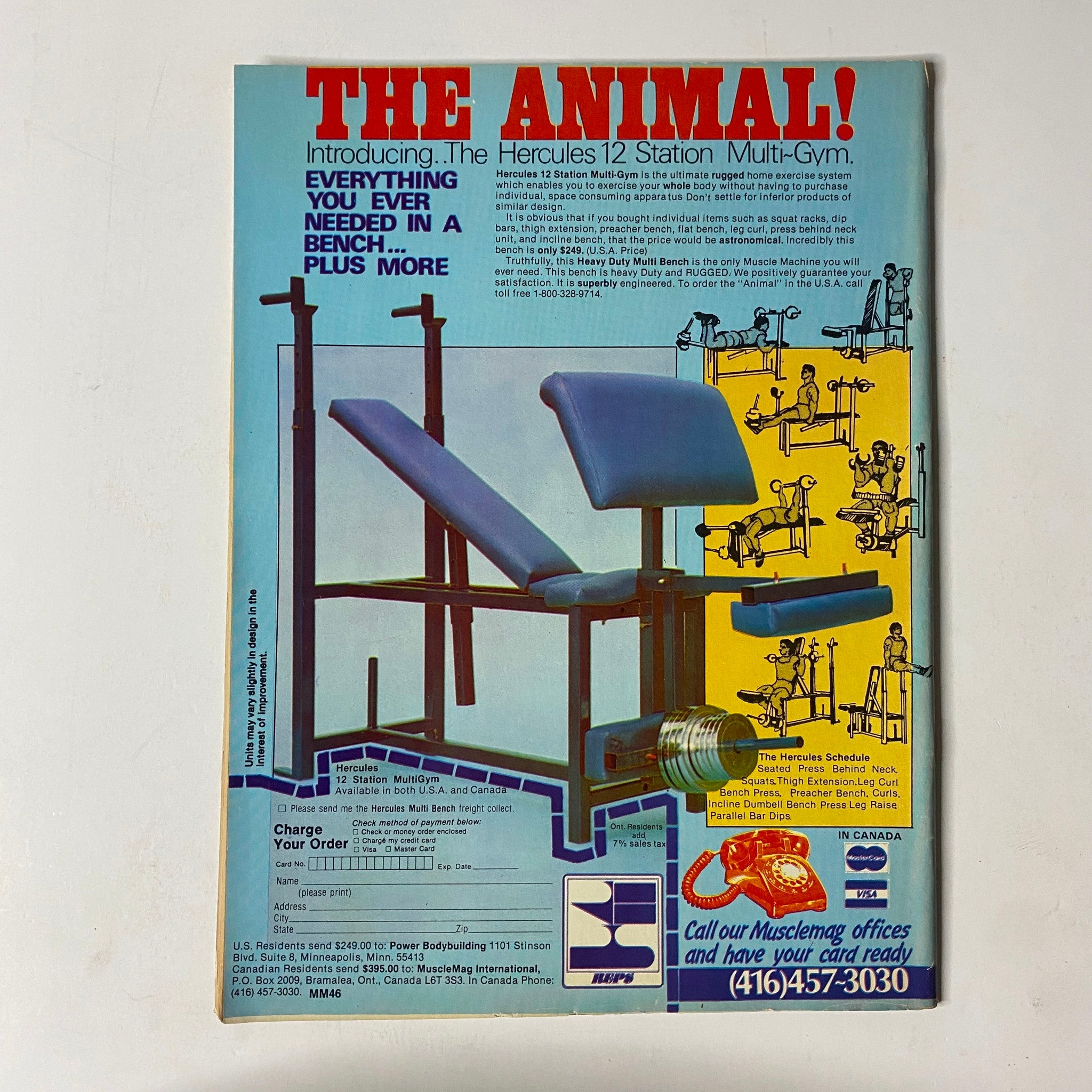 Hercules 12 Station Multi-Gym advertisement, titled 'THE ANIMAL', showcasing a versatile bench with exercise illustrations. This ad is featured in the MuscleMag International Magazine October 1984 No. 46 Sergio Oliva.