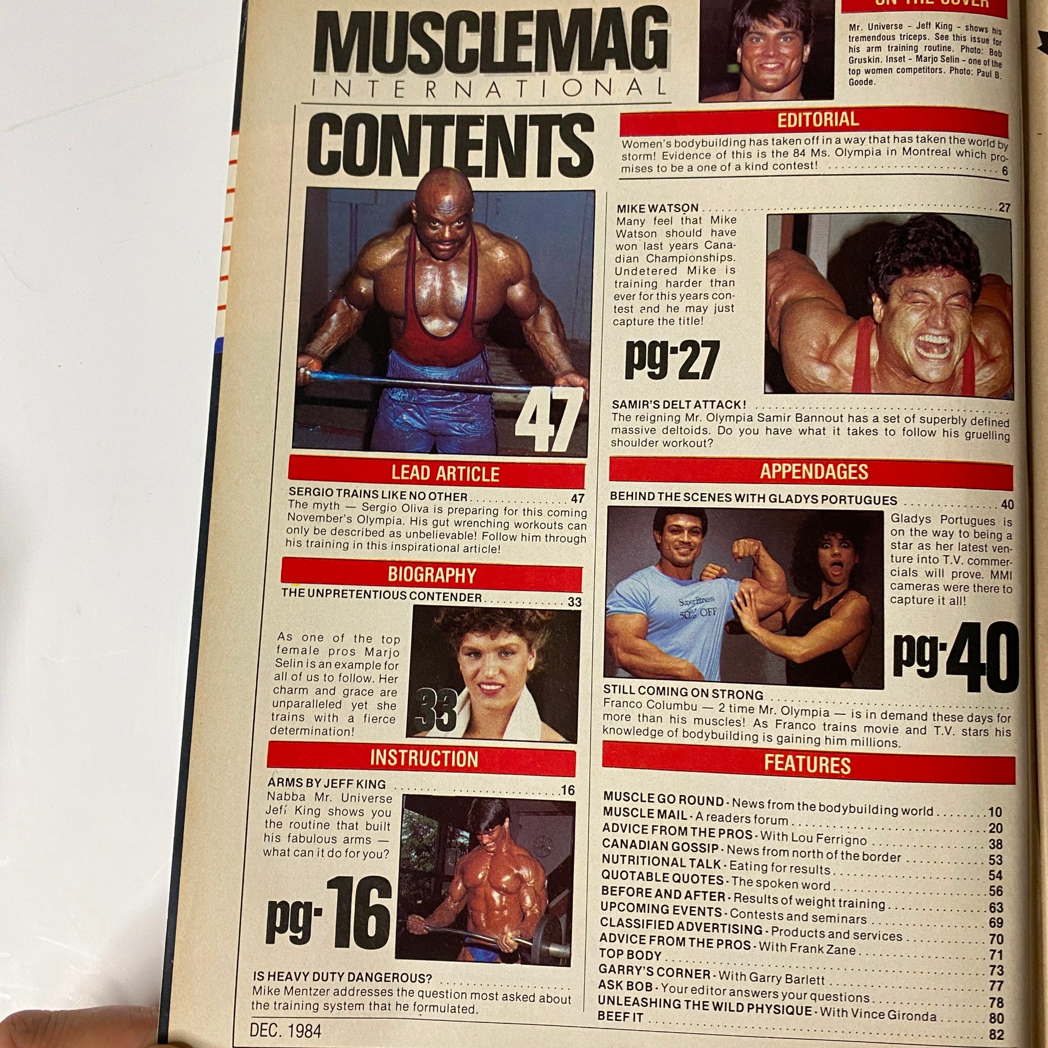 Contents page of MuscleMag International Magazine December 1984 No. 47 detailing articles on bodybuilding featuring Sergio Oliva, Jeff King, Gladys Portugues, and Mike Watson.
