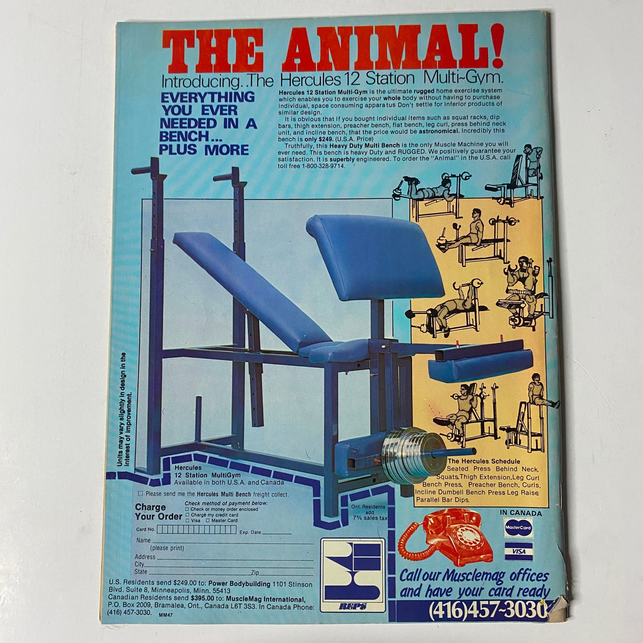 Back cover advertisement of MuscleMag International Magazine December 1984 No. 47 promoting the Hercules 12 Station Multi-Gym and showcasing various workout exercises.