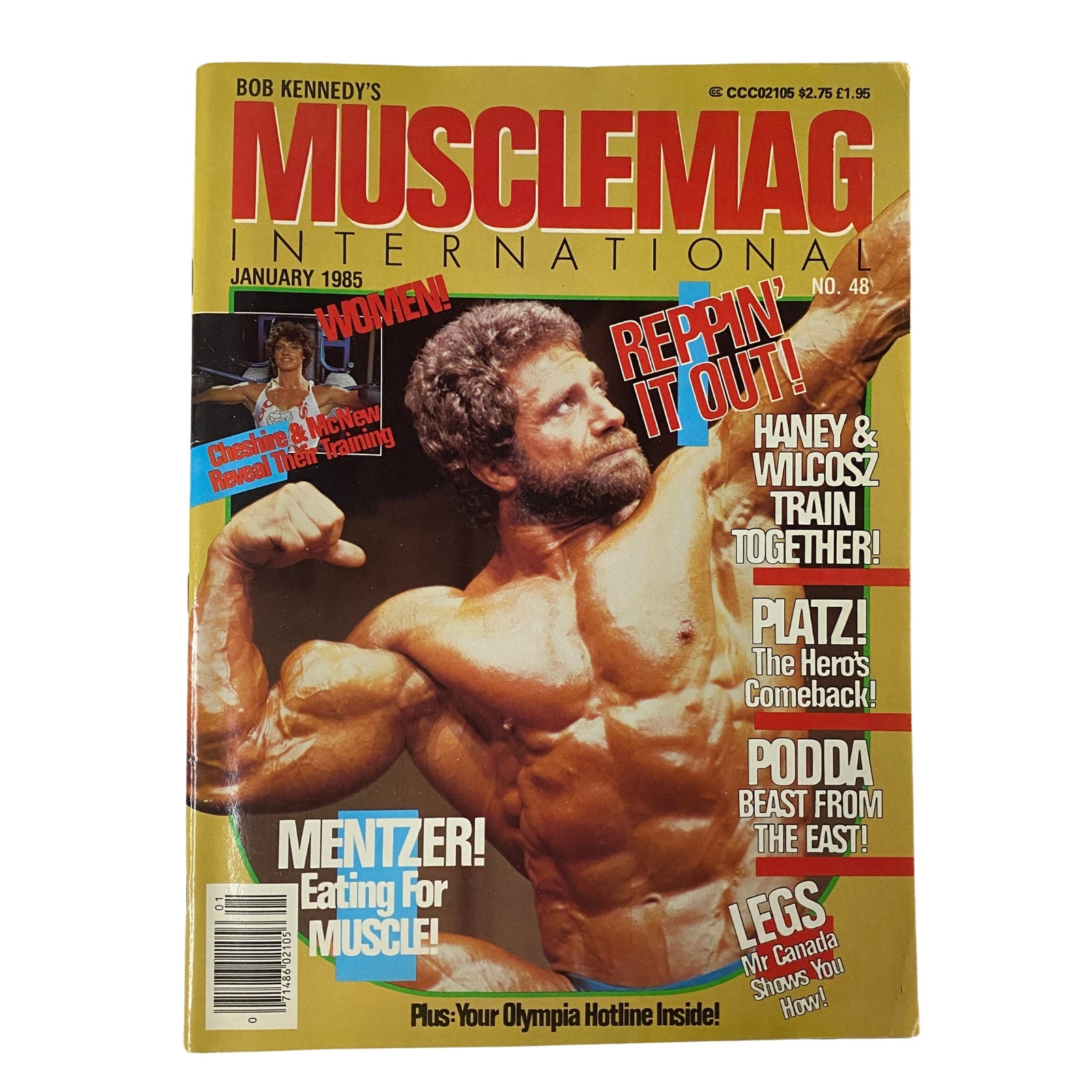 Cover of MuscleMag International Magazine January 1985 No. 48 featuring Jusup Wilcosz, highlighting bodybuilding topics such as training tips and nutrition, with images of famous bodybuilders like Lee Haney and Mike Mentzer.