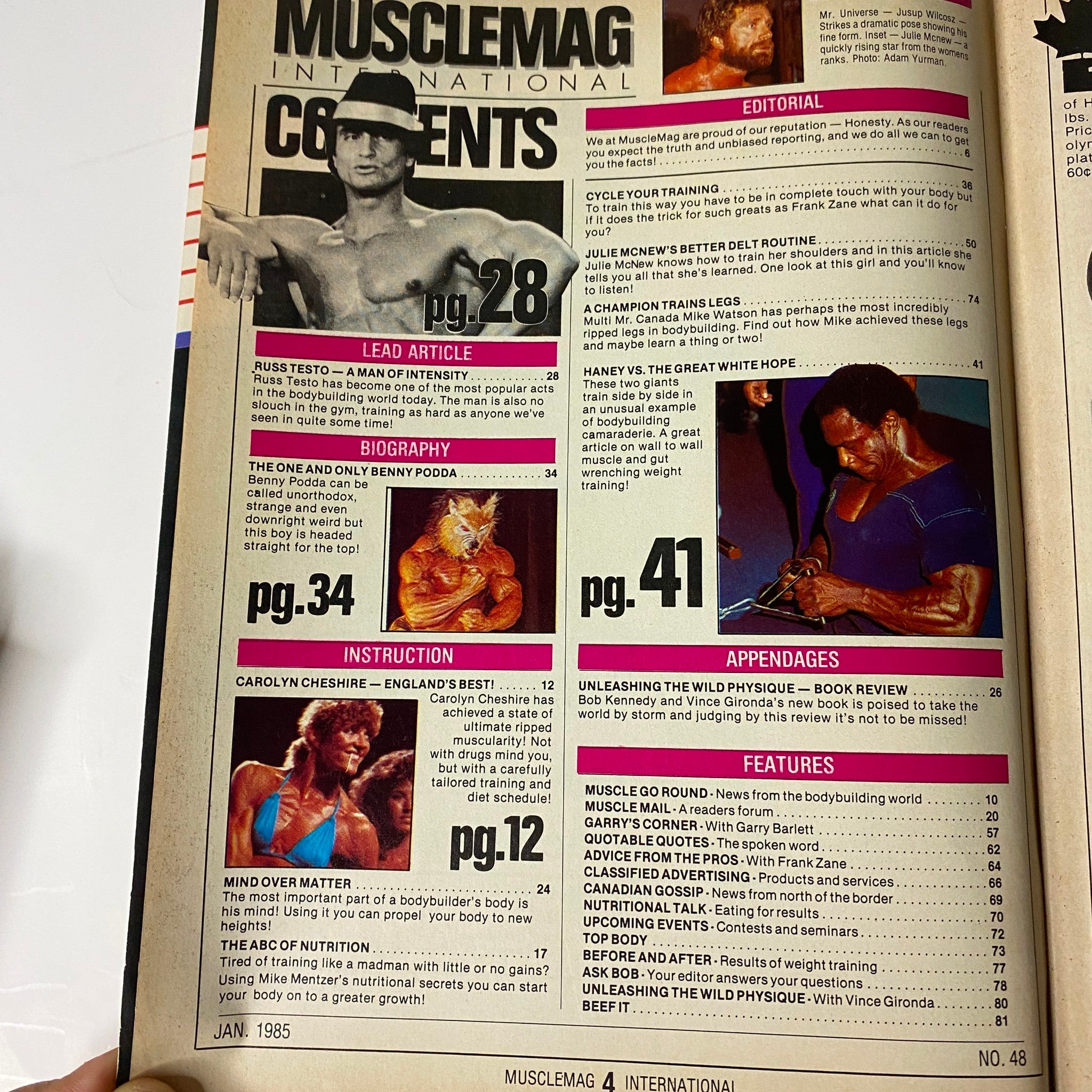 MuscleMag International Magazine January 1985 No. 48 featuring contents including articles on Russ Testo, Benny Podda, Carolyn Cheshire, and more, showcasing the vibrant bodybuilding community.