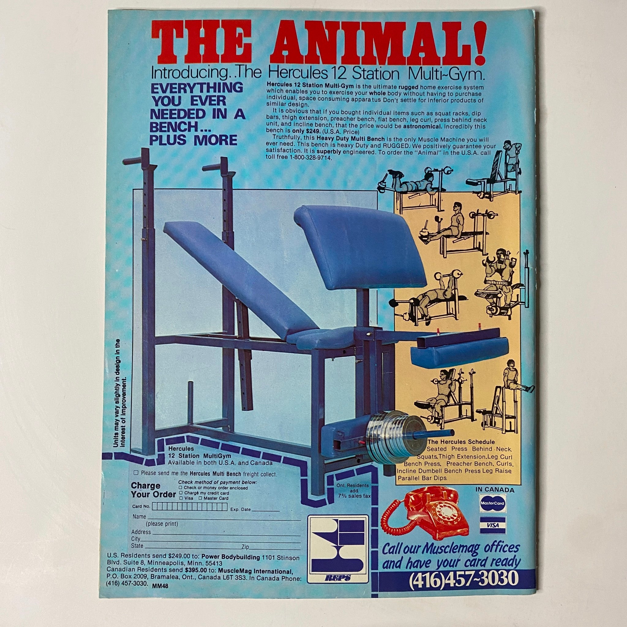 MuscleMag International Magazine January 1985 No. 48 advertisement for The Animal! Hercules 12 Station Multi-Gym, highlighting fitness equipment essential for bodybuilders and fitness enthusiasts.