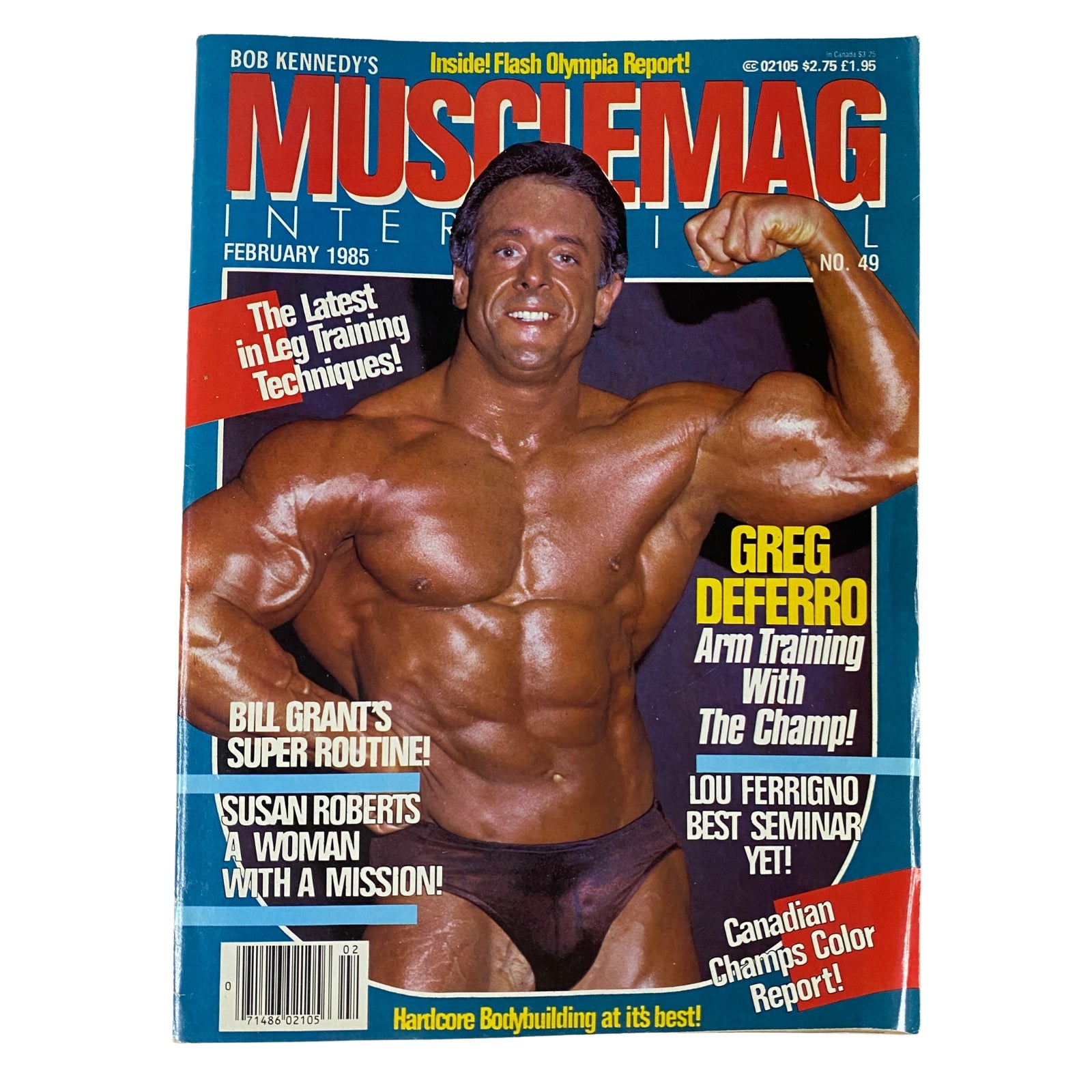Cover of MuscleMag International Magazine February 1985 No. 49 featuring Greg DeFerro showcasing his impressive physique, along with headlines about training techniques and legendary bodybuilders.