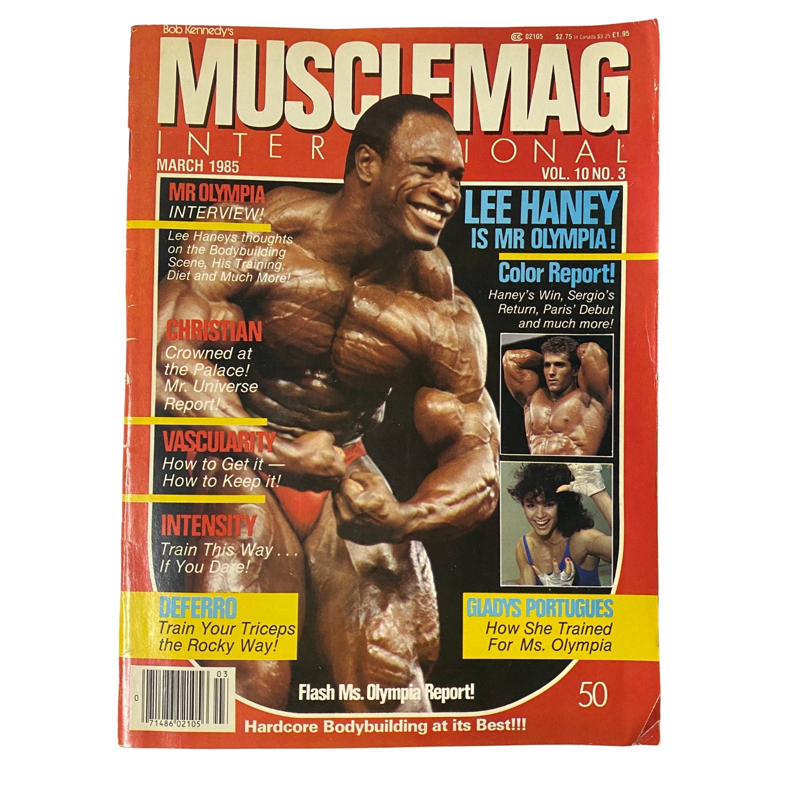 Cover of MuscleMag International Magazine March 1985, Vol. 10 No. 3 featuring Lee Haney, Mr. Olympia. Highlights include interviews, bodybuilding tips, and profiles of athletes.