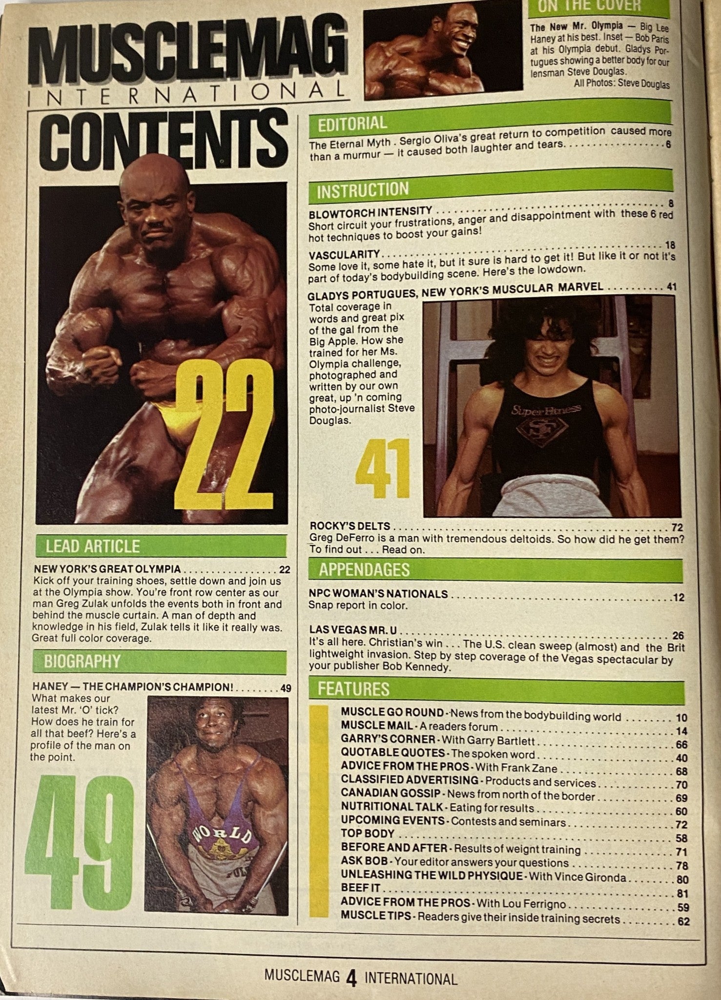 Contents page of MuscleMag International Magazine March 1985, Vol. 10 No. 3 listing articles on Lee Haney, bodybuilding techniques, and athlete profiles.
