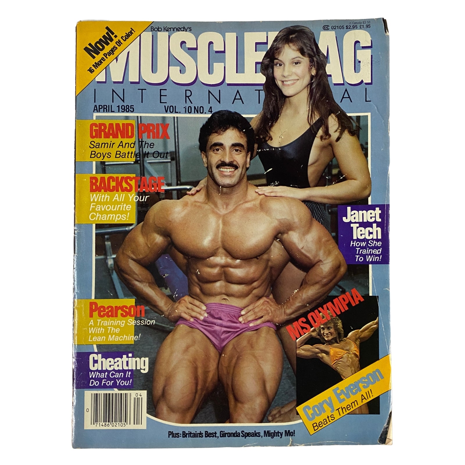 Cover of MuscleMag International Magazine, April 1985, featuring Mr. Olympia Samir Bannout with Lori Labratto. The issue highlights the Ms. Olympia contest and includes training tips from legends.