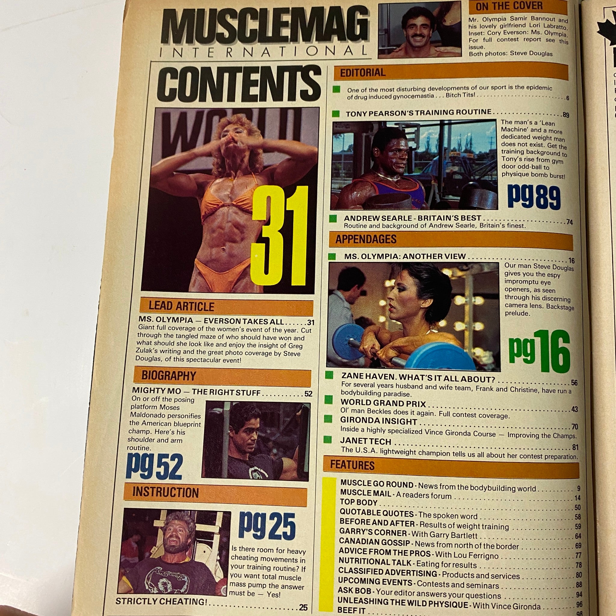 Contents page of MuscleMag International Magazine April 1985, highlighting articles including Ms. Olympia and training routines, demonstrating the magazine's focus on bodybuilding culture.