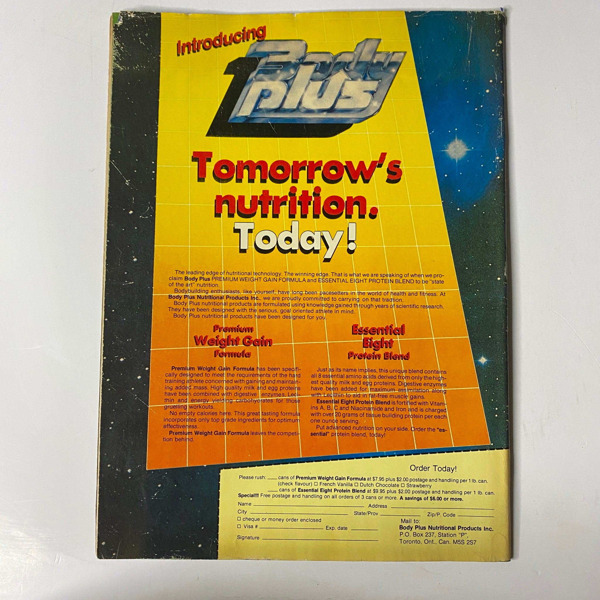 Back cover of MuscleMag International Magazine April 1985 promoting nutritional products, emphasizing the magazine's connection with fitness and bodybuilding nutrition.