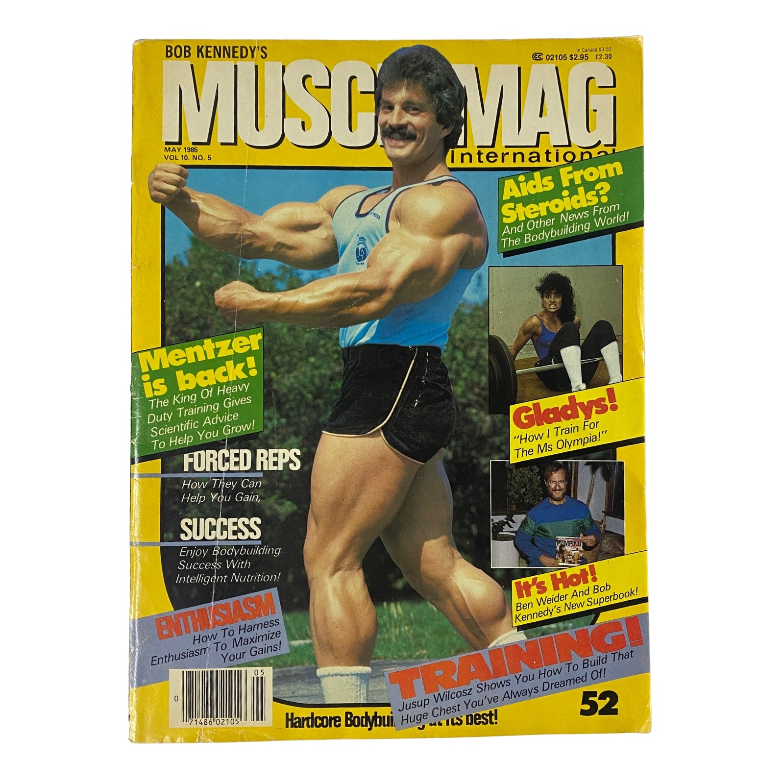MuscleMag International Magazine May 1985 Vol 10 No. 5 featuring Mike Mentzer on the cover, showcasing bodybuilding training insights, profiles of athletes, and nutrition tips.