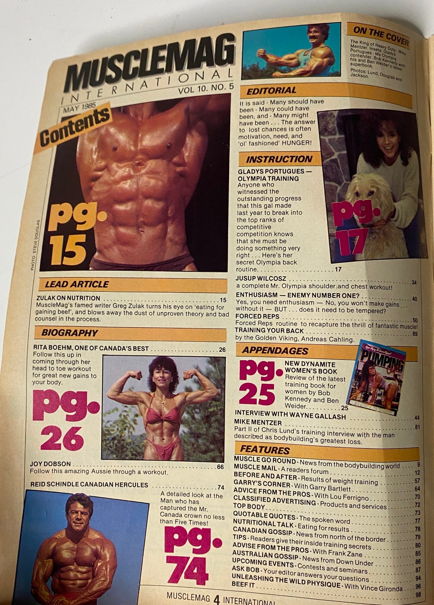 Contents page of MuscleMag International Magazine May 1985 Vol 10 No. 5, highlighting articles including Gladys Portuges, nutrition advice, and bodybuilding success stories.