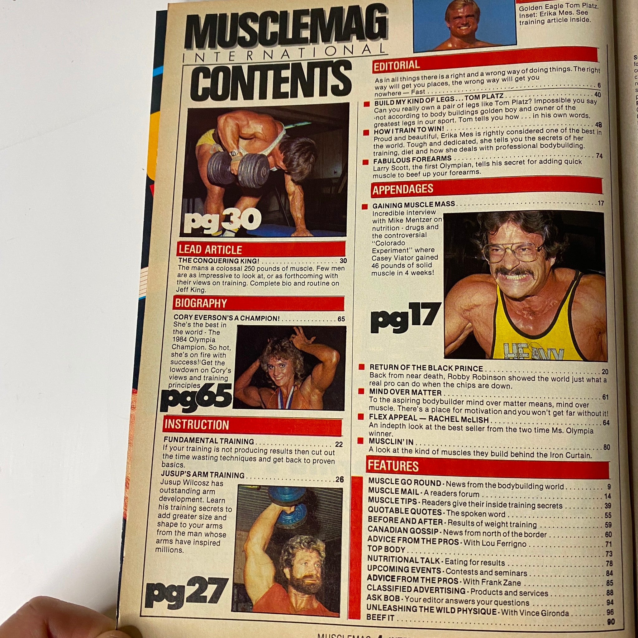 Contents page of MuscleMag International Magazine September 1985 Vol 10 No. 6 detailing articles on lead features, biographies, and bodybuilding instruction, emphasizing Tom Platz and Cory Everson's training insights.