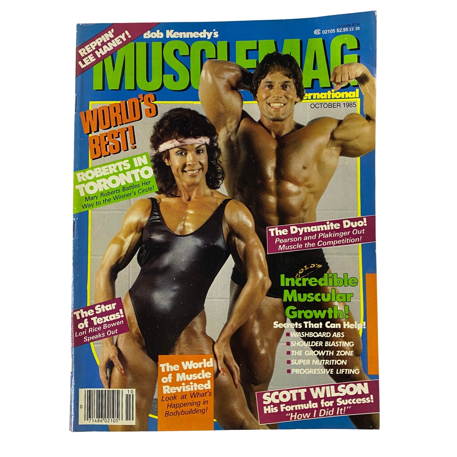 Cover of MuscleMag International Magazine October 1985 featuring Mary Roberts and Bob Birdsong, showcasing topics like women's bodybuilding, training insights, and Scott Wilson's advice.