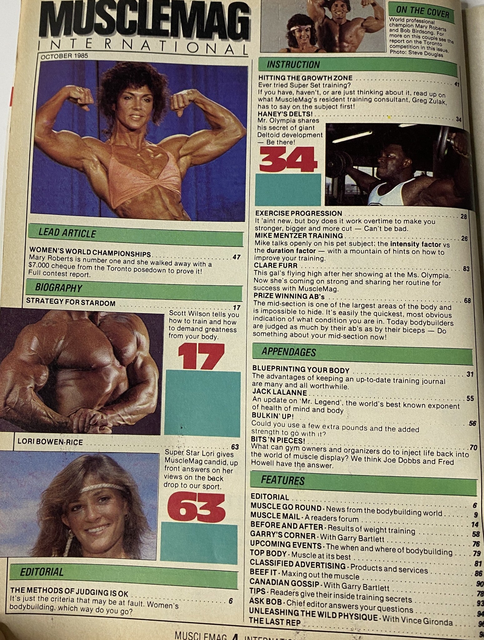 MuscleMag International Magazine October 1985 cover featuring Mary Roberts and Bob Birdsong, highlighting the lead article on Women’s World Championships, biographies of bodybuilding icons, and training secrets. This vintage issue showcases pivotal moments in bodybuilding history.