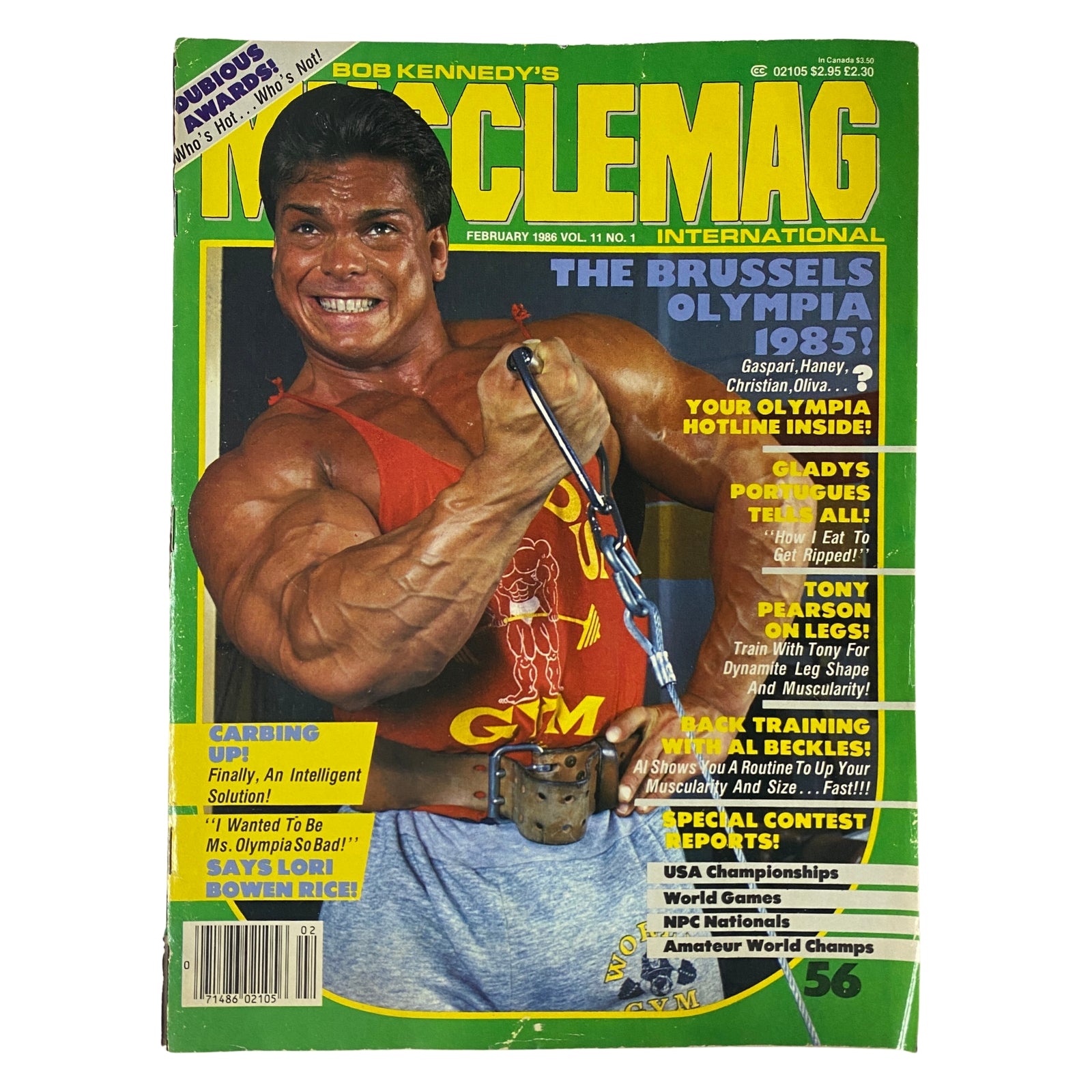 MuscleMag International Magazine February 1986 Vol 11 #1 cover featuring Rich Gaspari showcasing bodybuilding strength and physique.