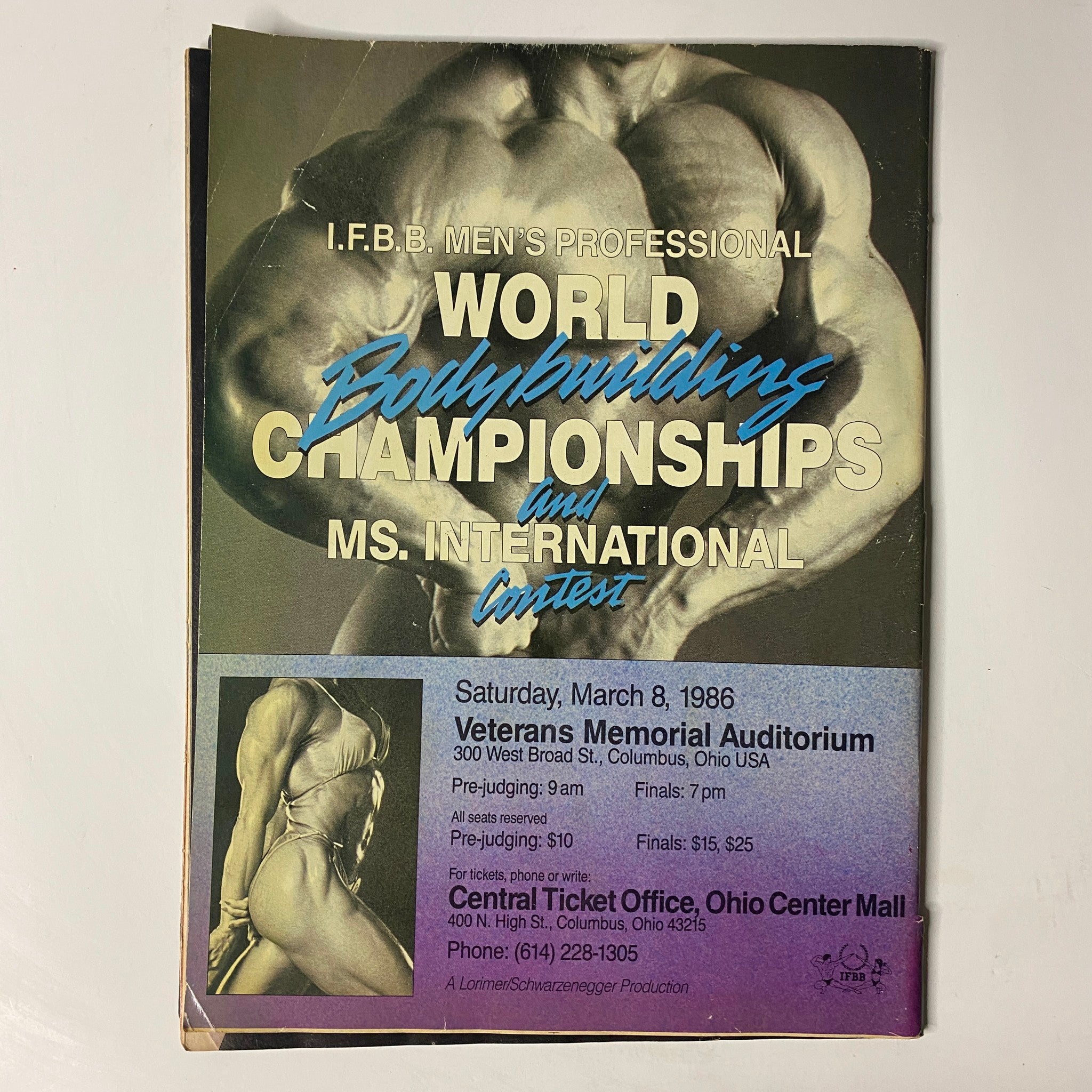 MuscleMag International Magazine February 1986 Vol 11 #1 advertisement for the IFBB Men's Professional World Bodybuilding Championships and Ms. International Contest.