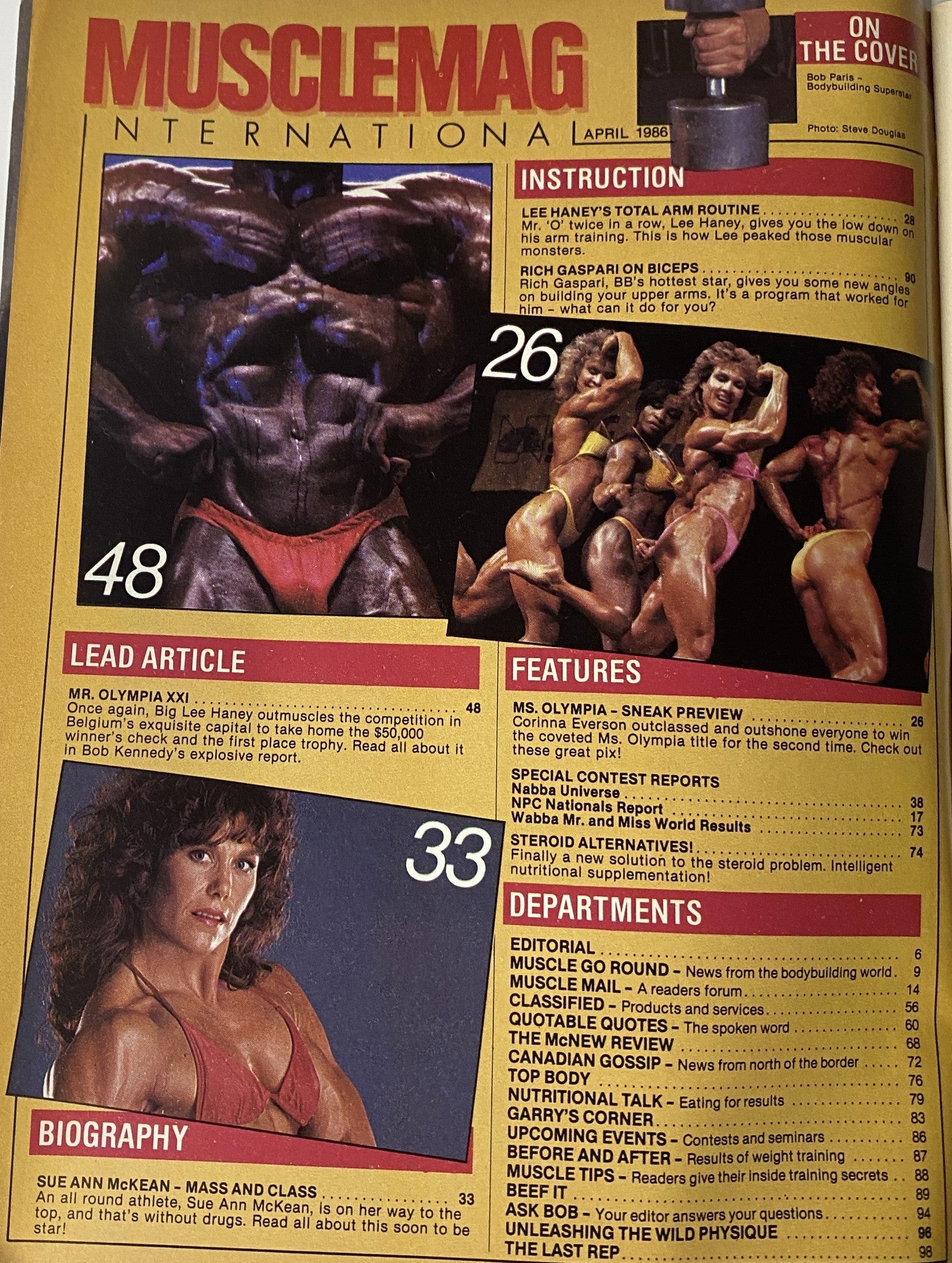 Interior page of MuscleMag International Magazine April 1986 Vol 11 No. 2 showcasing Mr. Olympia XXI highlights, lead articles, and contest results with bodybuilders in action.