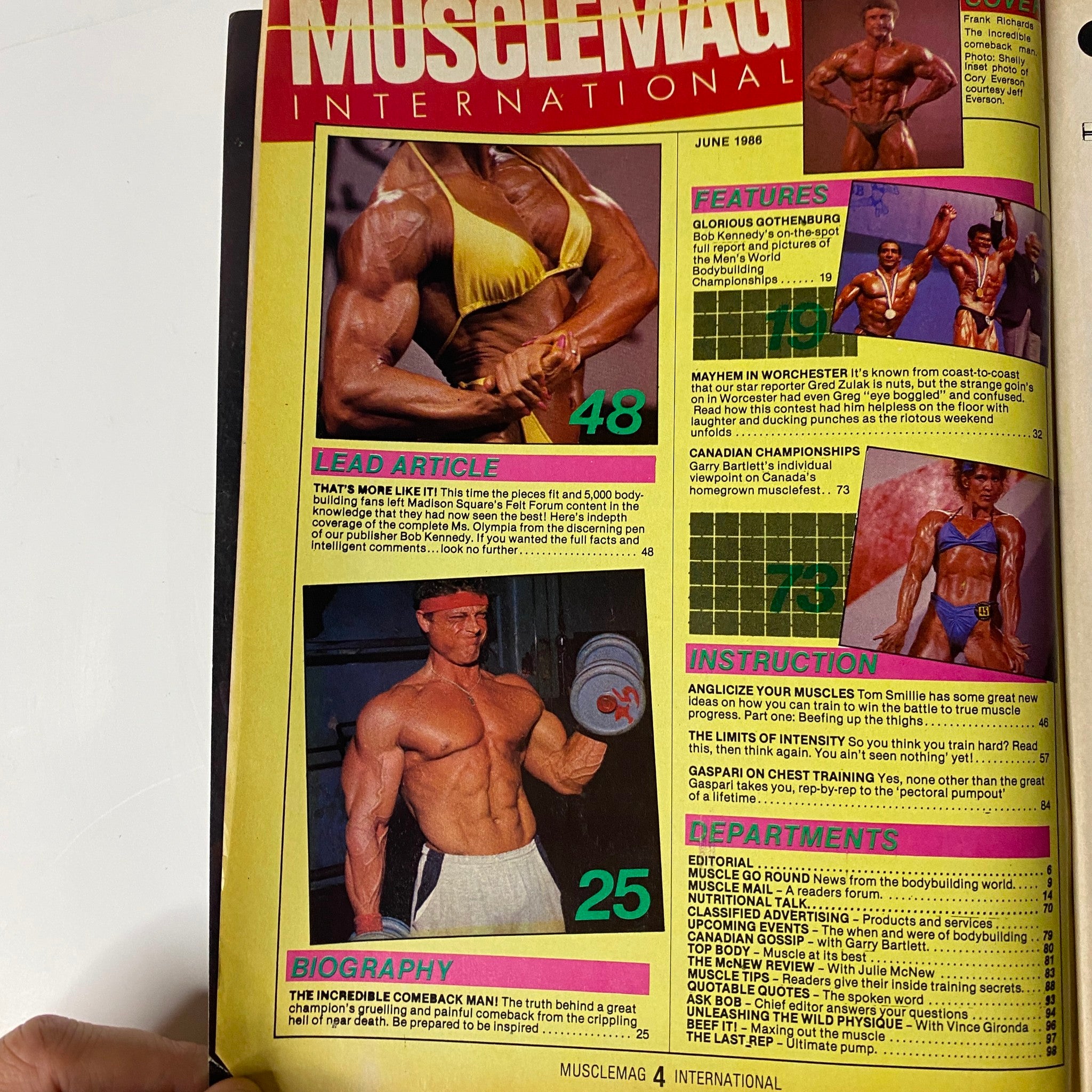 MuscleMag International Magazine June 1986 featuring Frank Richards, highlighting training routines, article sections including 'That's More Like It!' and 'The Incredible Comeback Man!', and showcasing the bodybuilding content of its golden era.