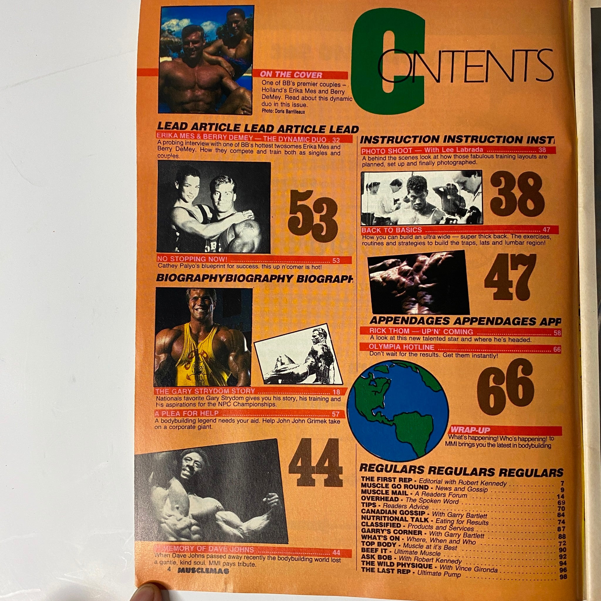 Contents page of MuscleMag International Magazine December 1986 revealing featured articles, including 'Back to Basics' and 'No Stopping Now!' with page numbers for easy navigation.