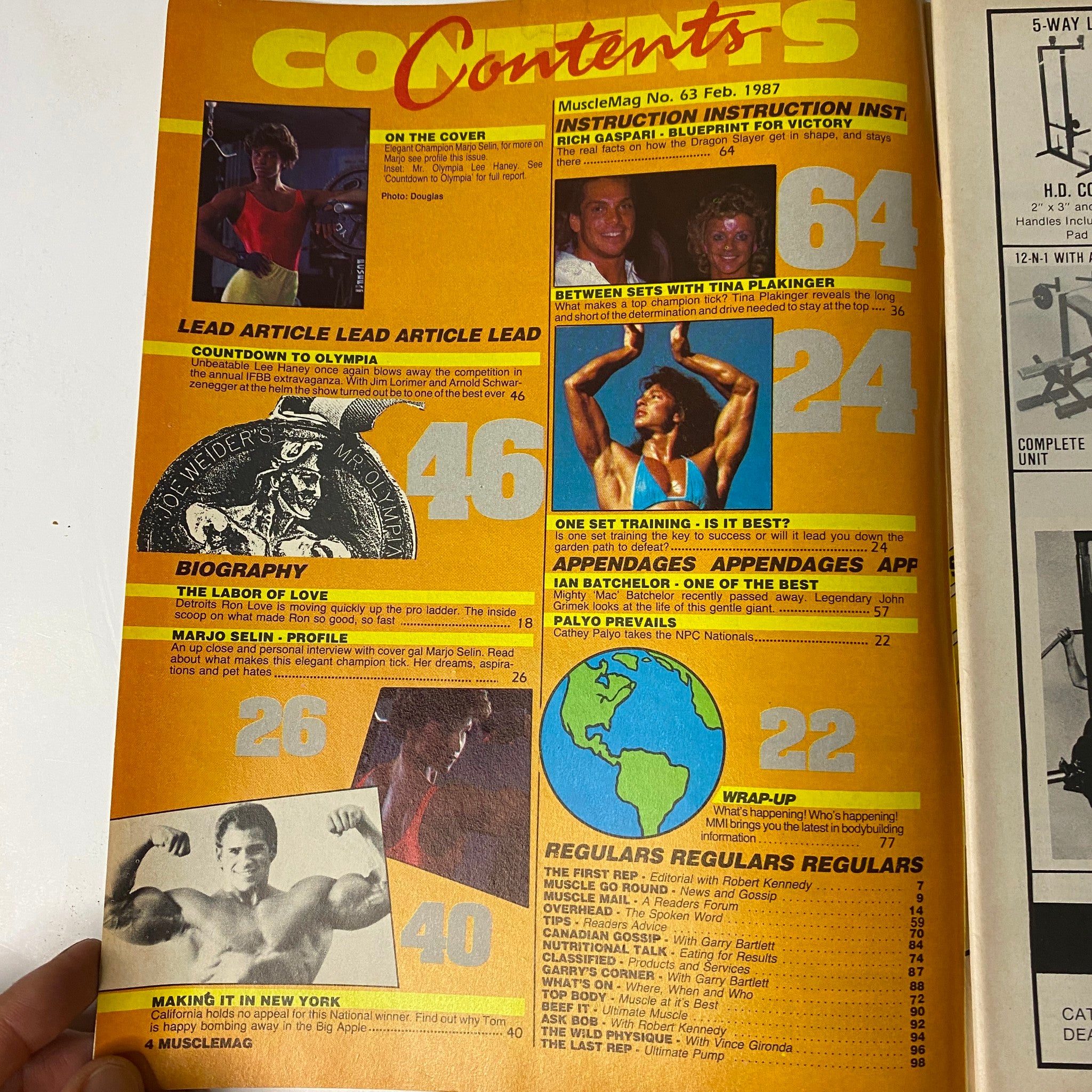 Contents page of MuscleMag International Magazine February 1987, highlighting features like Countdown to Olympia, Marjo Selin's profile, and articles on fitness and bodybuilding.