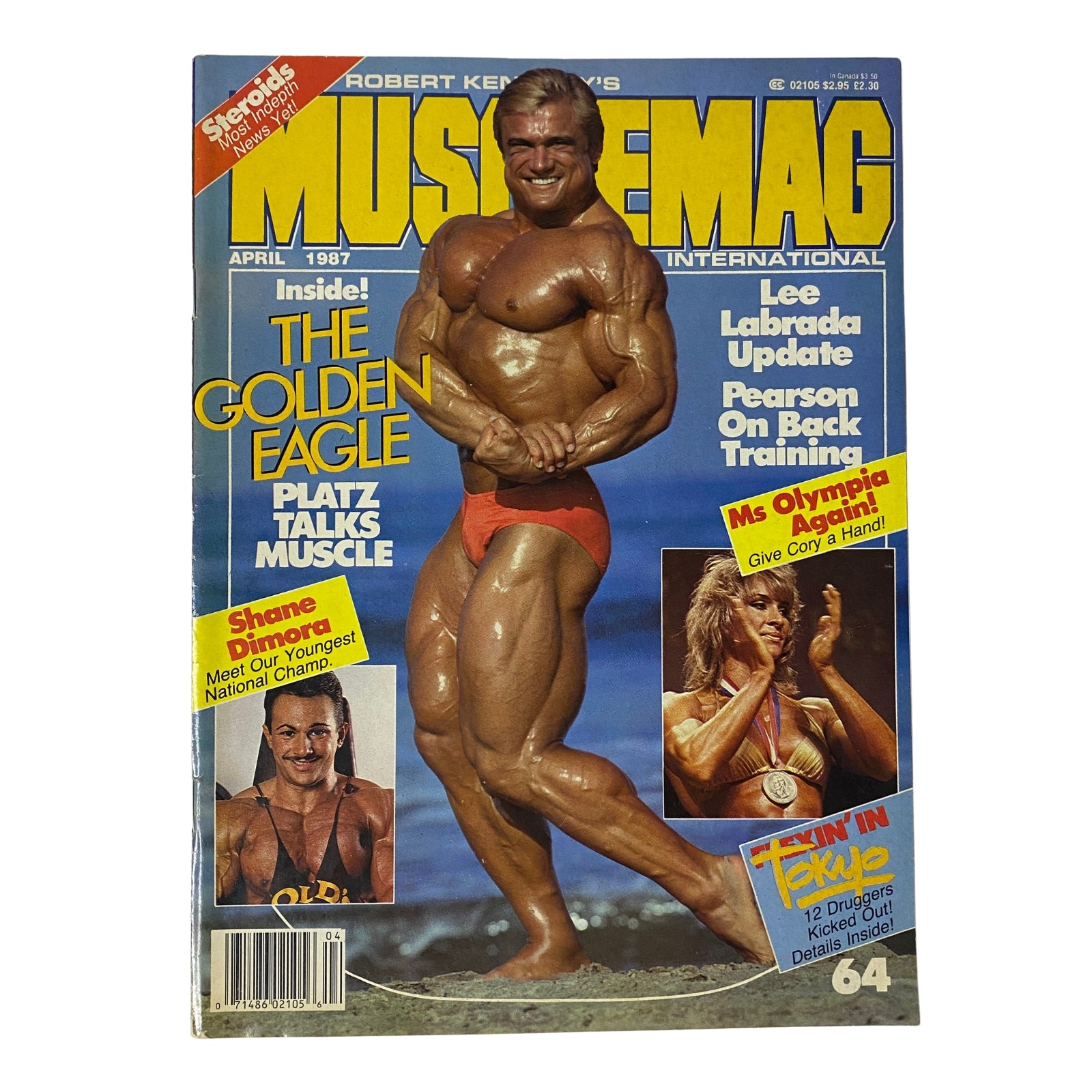 Cover of MuscleMag International Magazine March 1987 No. 64 featuring Tom Platz, known as the 'Golden Eagle', showcasing his impressive physique. Highlighted articles include training tips and profiles of notable bodybuilders.