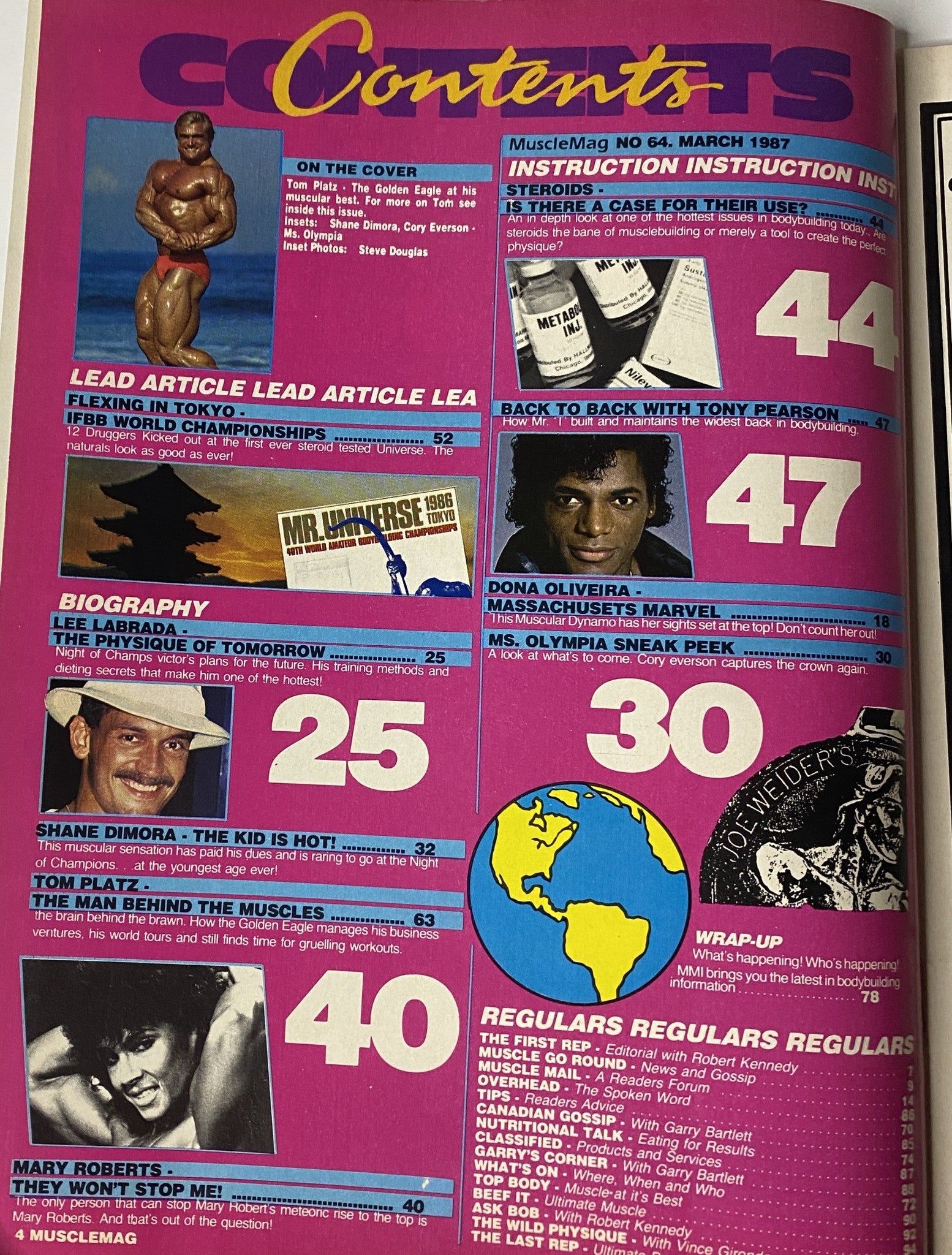 Contents page of MuscleMag International Magazine March 1987 No. 64, outlining featured articles such as 'Flexing in Tokyo' and biographies of bodybuilders including Lee Labrada and Shane Dimora.