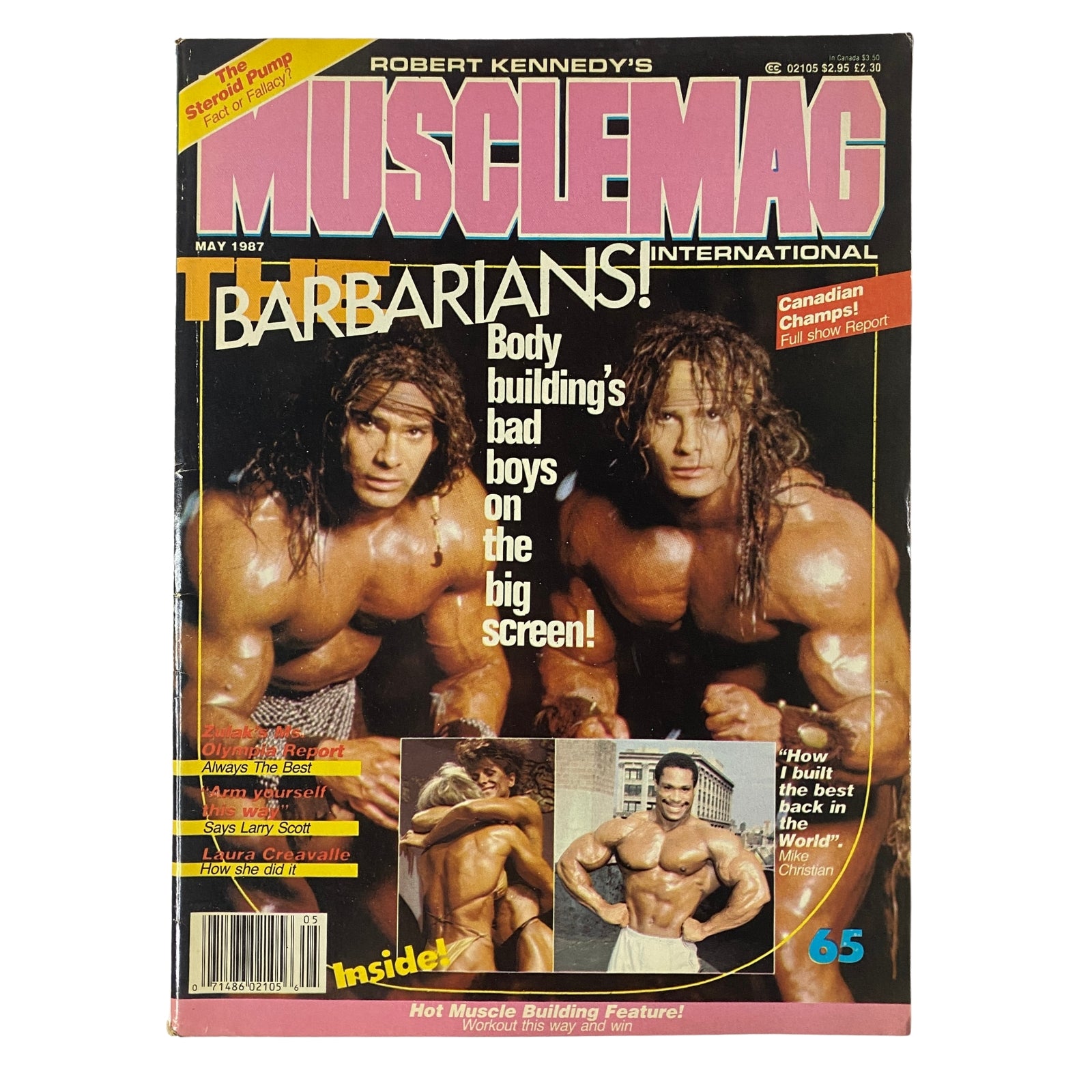 Cover of MuscleMag International Magazine May 1987 No. 65 featuring David and Peter Paul, known as 'The Barbarians', promoting bodybuilding culture and their new film. Highlighting featured articles such as Ms. Olympia and tips from bodybuilding legends.