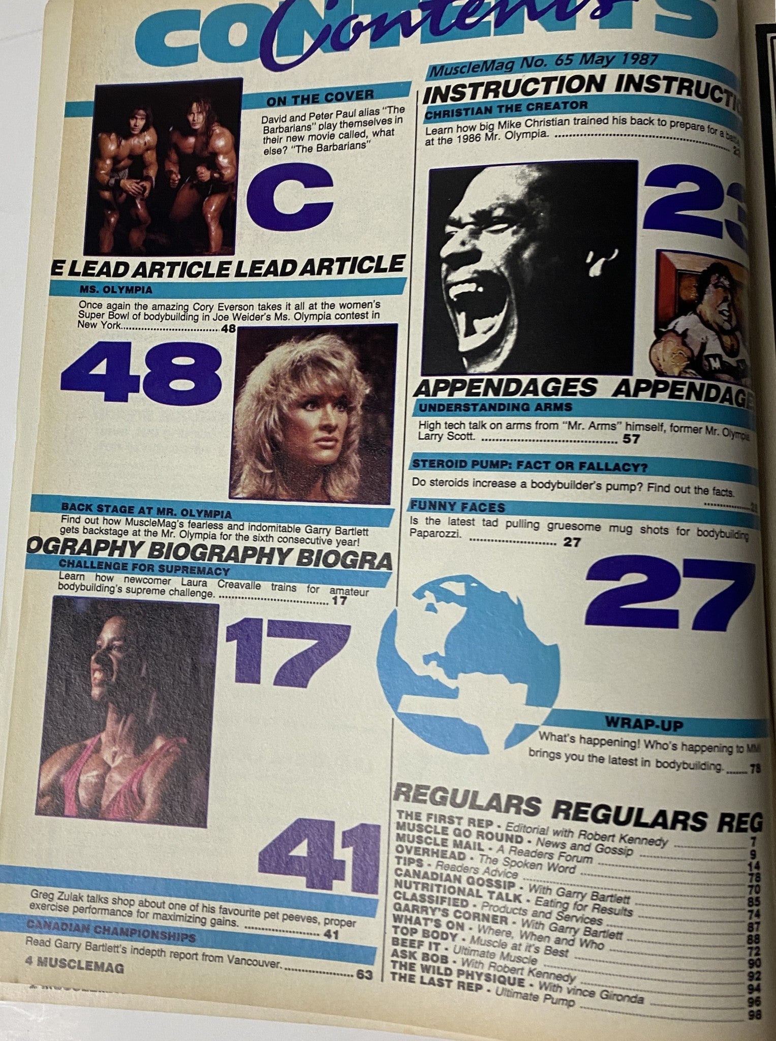 Contents page of MuscleMag International Magazine May 1987 No. 65, detailing lead articles, biographies, and features on bodybuilding topics, including 'Understanding Arms' and updates from the Mr. Olympia contest.