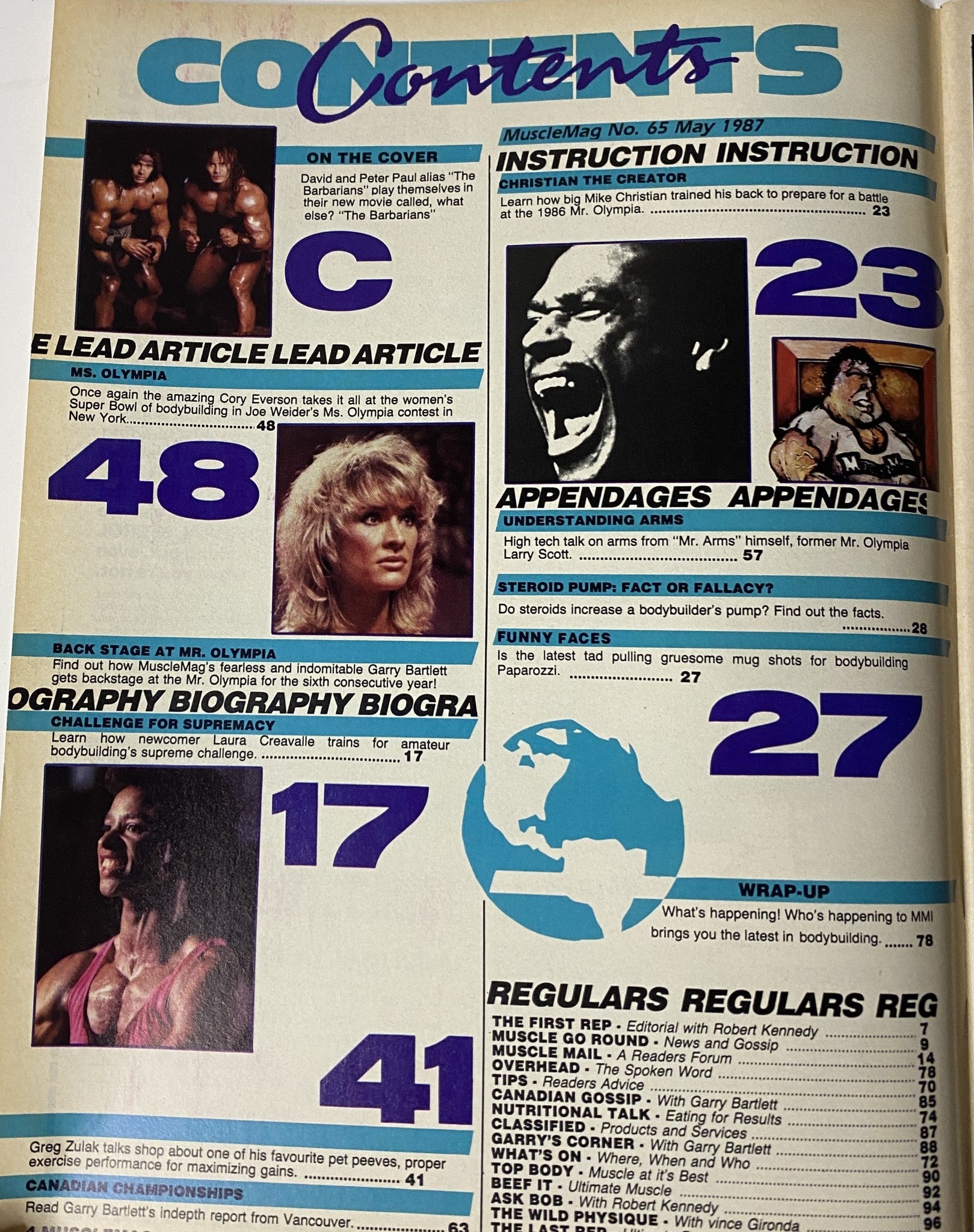 Contents page of MuscleMag International Magazine May 1987 No. 65, outlining articles including coverage of Ms. Olympia and backstage at Mr. Olympia, along with various biographies and training insights.