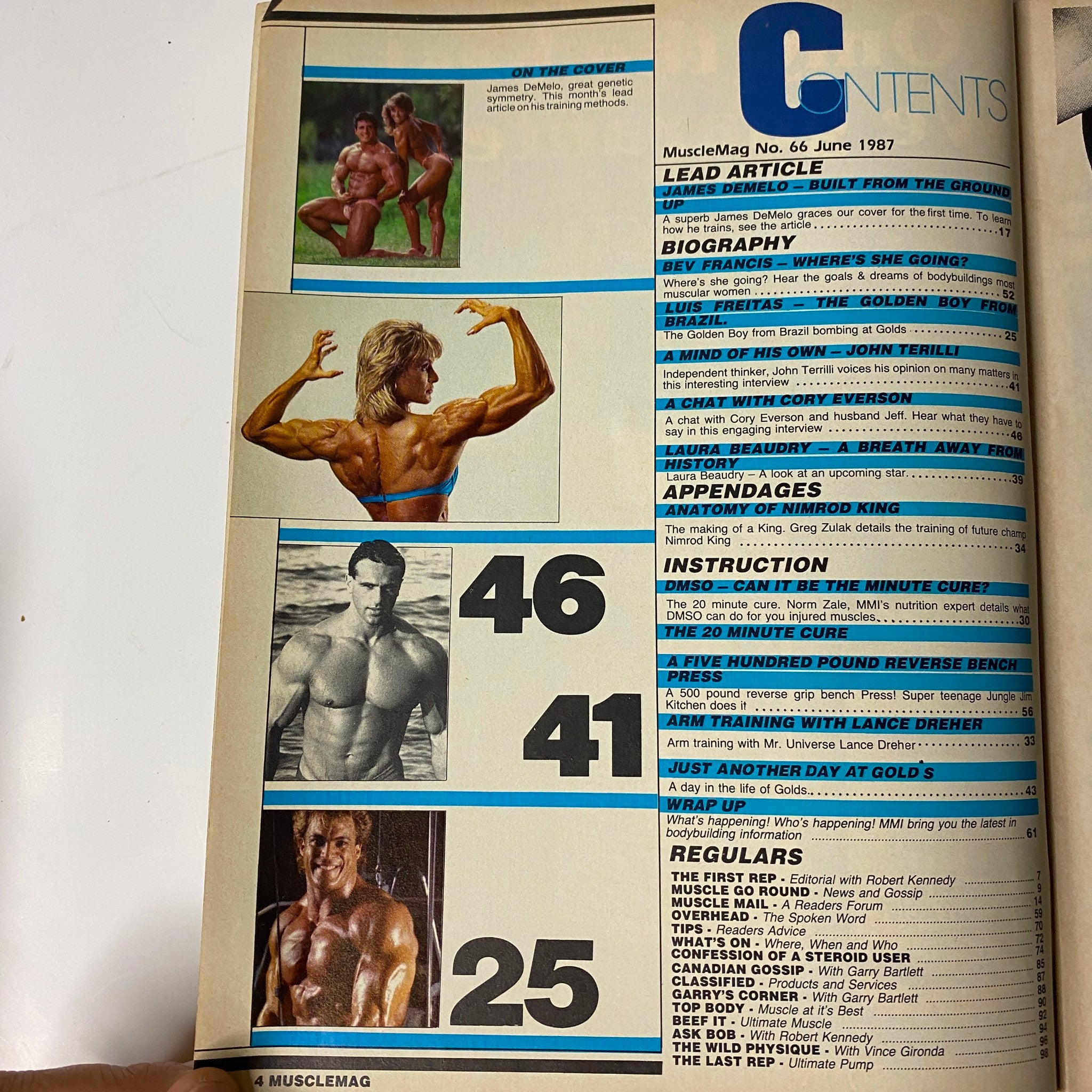 MuscleMag International Magazine June 1987 No. 66 Contents page featuring articles on bodybuilding, including 'Built from the Ground Up' by James DeMelo. Highlights training and profile features on Bev Francis, John Terilli, and more, showcasing the era's top athletes.