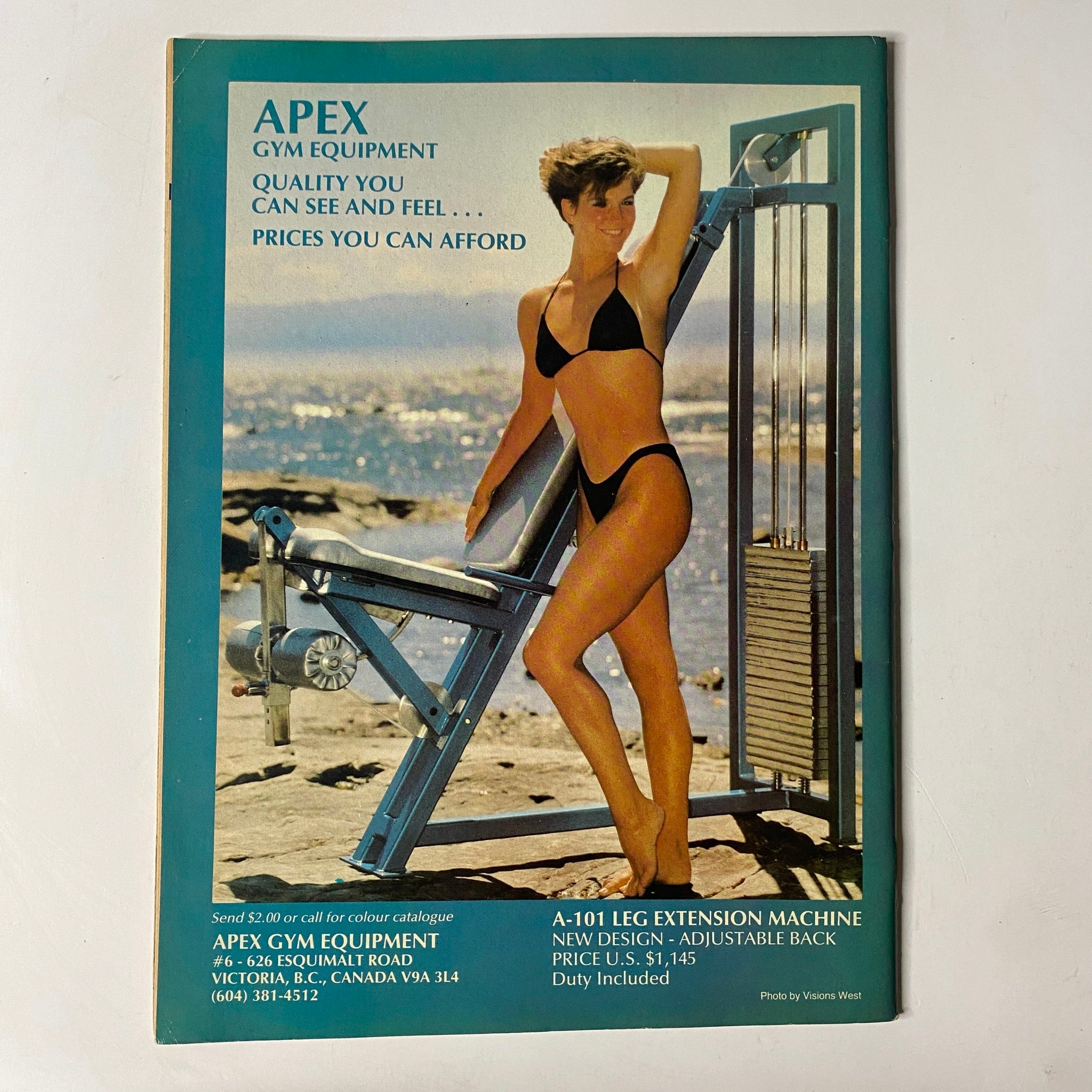 MuscleMag International Magazine June 1987 No. 66 advertisement for APEX Gym Equipment, promoting quality fitness products with a model showcasing a leg extension machine, emphasizing affordable prices for consumers.