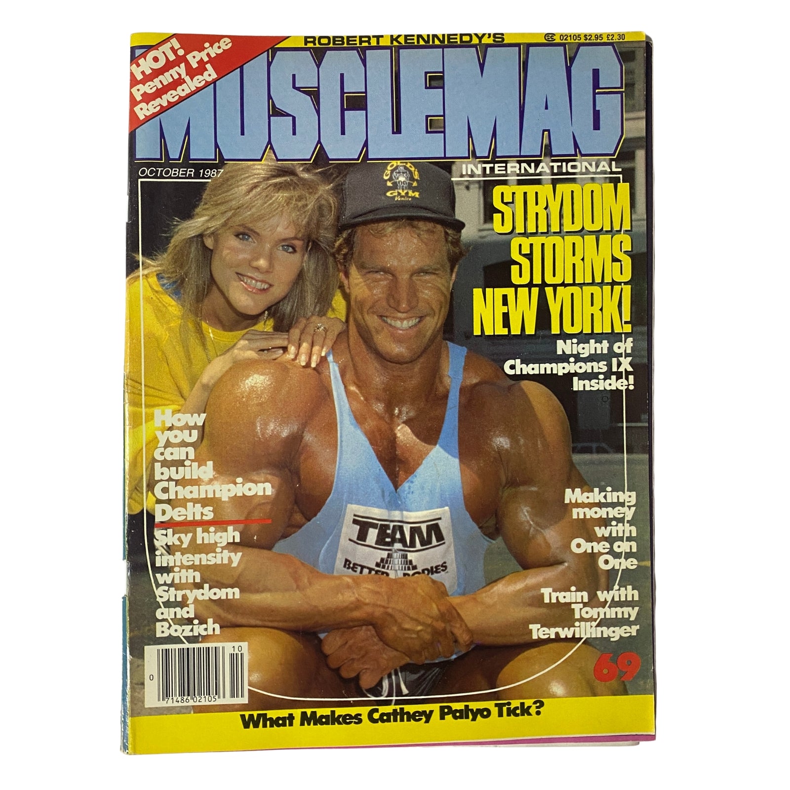 Cover of MuscleMag International Magazine, October 1987, featuring Gary Strydom on the cover with the headline 'Strydom Storms New York' and highlights on training, bodybuilding tips, and interviews.