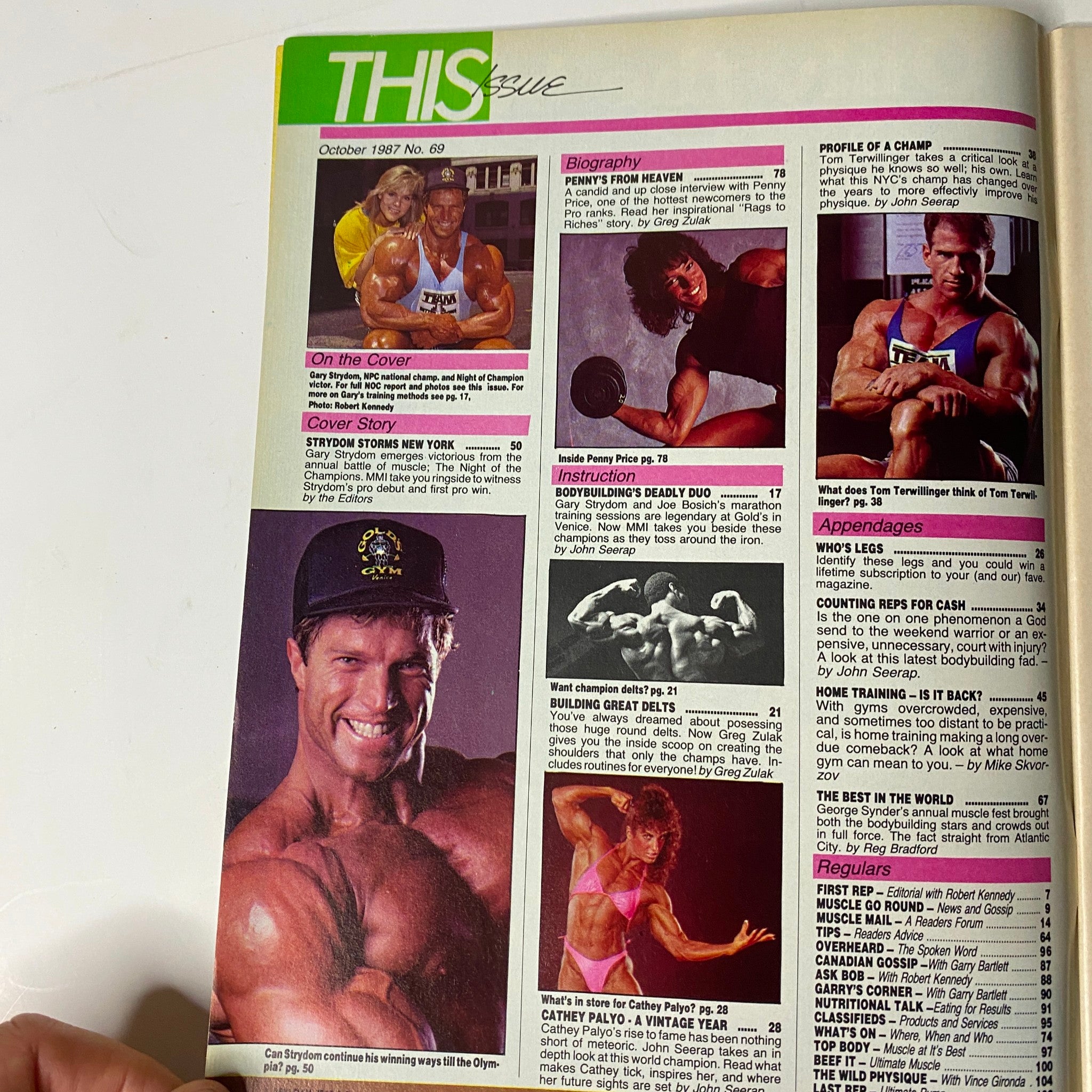 Inside page of MuscleMag International Magazine, October 1987, showcasing the contents of the issue including sections like 'Biography,' 'Profile of a Champ,' and 'Bodybuilding’s Deadly Duo'.