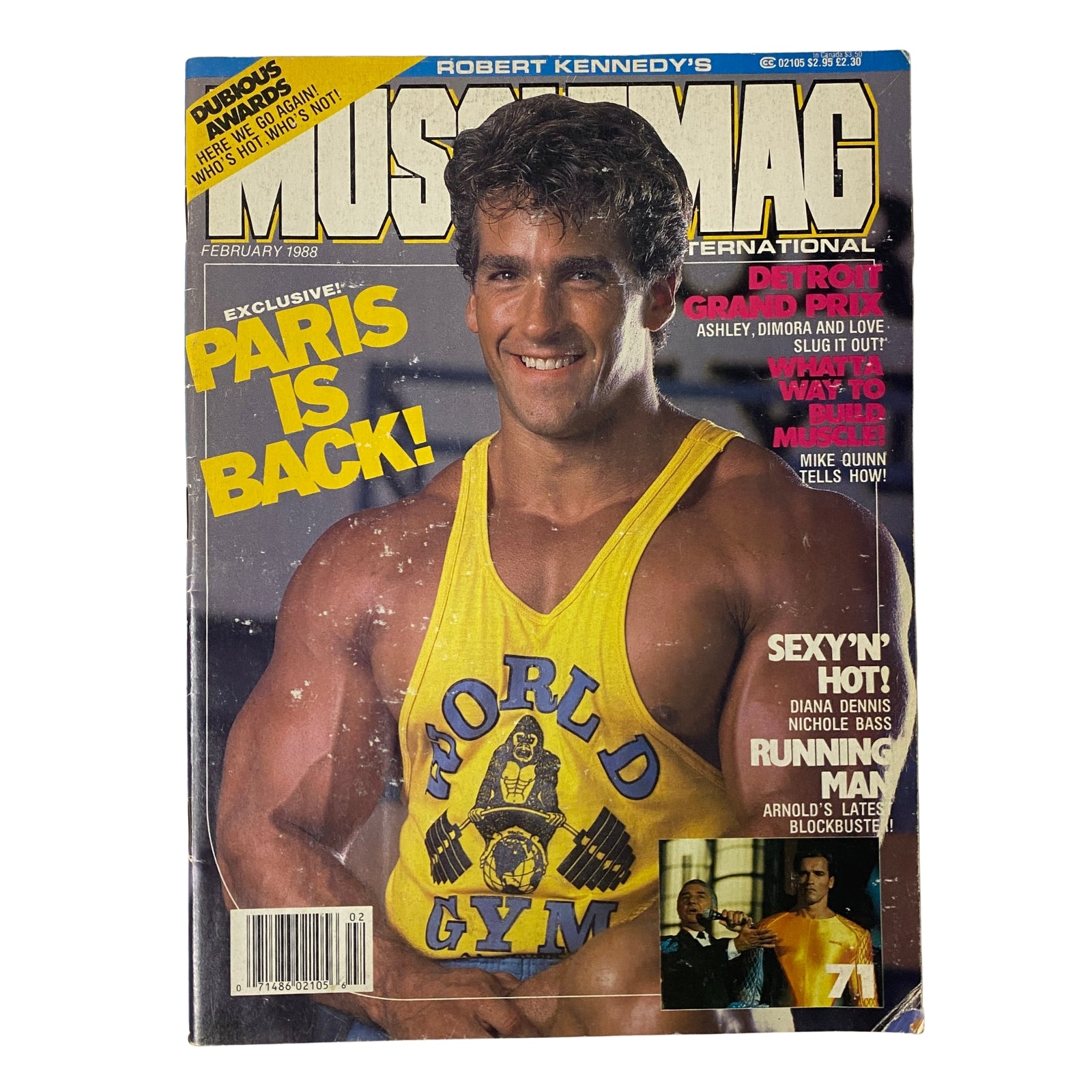 Cover of MuscleMag International Magazine February 1988 No. 71 featuring Bob Paris, with the headline 'Paris is Back!' and showcasing bodybuilding culture.