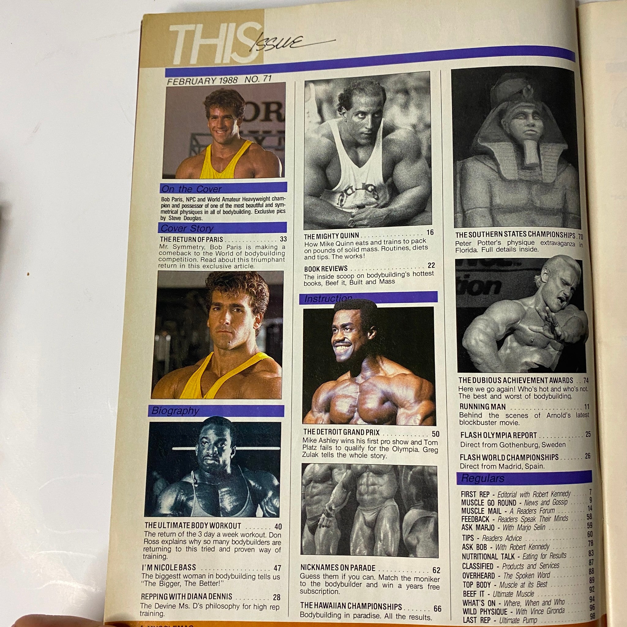 Interior page of MuscleMag International Magazine February 1988 No. 71 detailing featured articles and highlights from that issue, including Bob Paris's profile.