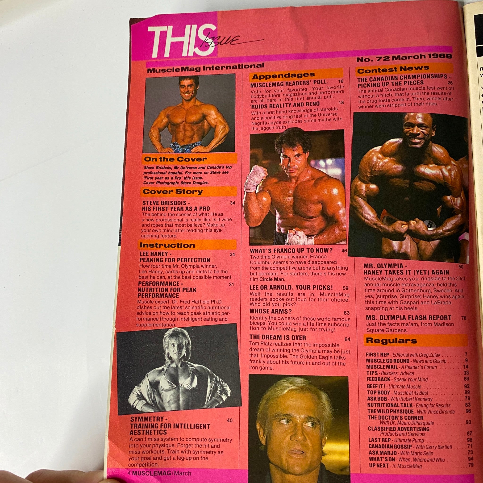 Cover page of MuscleMag International Magazine March 1988 No. 72 featuring Steve Brisbois on the cover, highlighting the cover story and sections including contests, training tips, and reader polls.