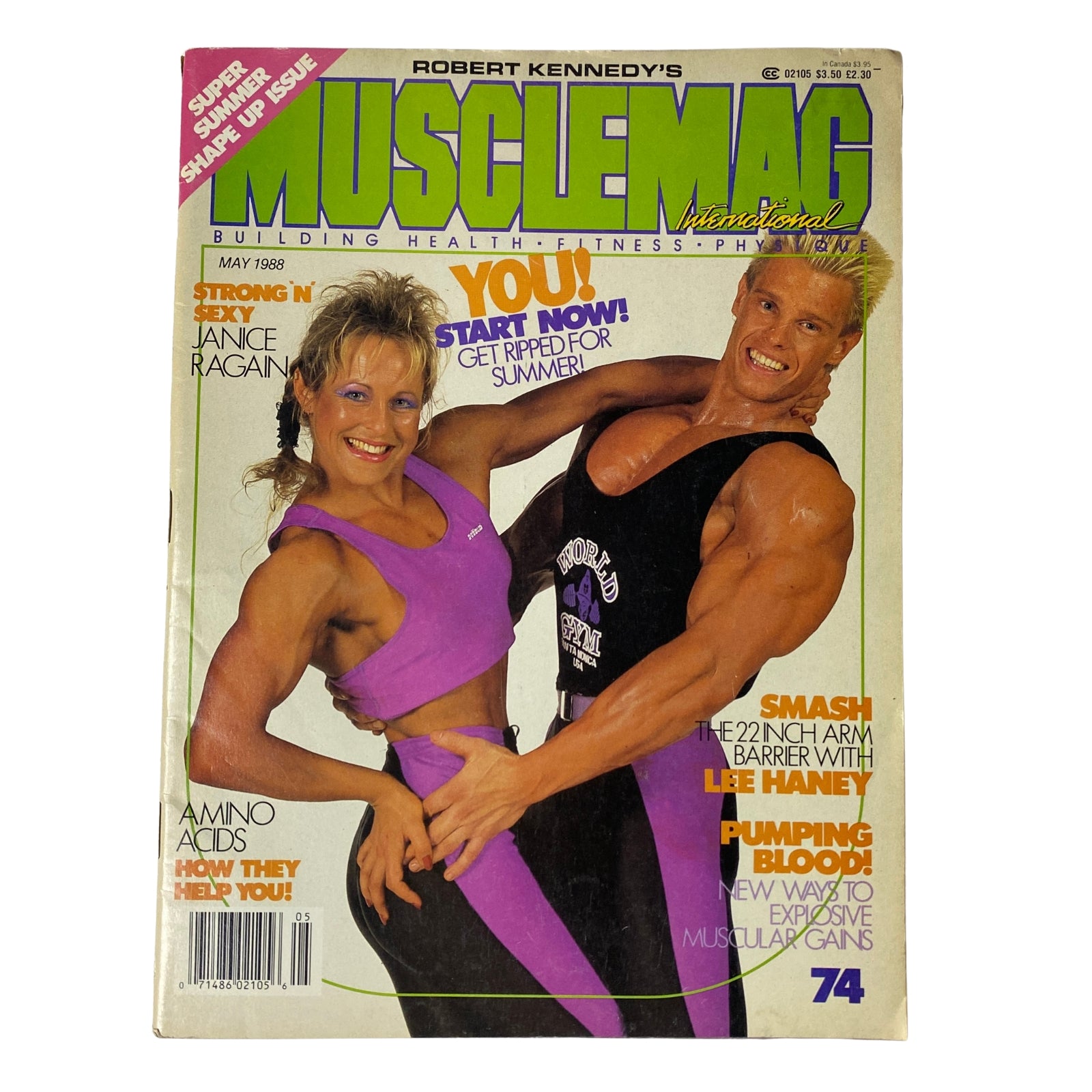 Front cover of MuscleMag International Magazine May 1988 No. 74 featuring Anders Petterson and Brigitta Karlsson, promoting bodybuilding lifestyle and fitness.