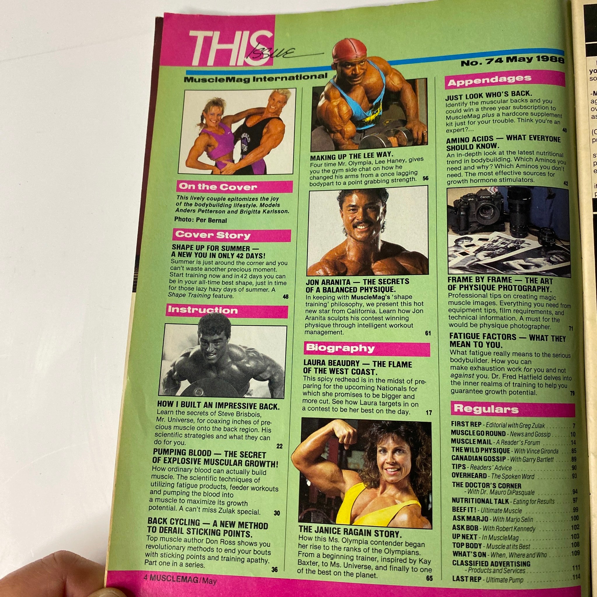 Inside page of MuscleMag International Magazine May 1988 No. 74 showcasing various articles including training advice and coverage of athletes.