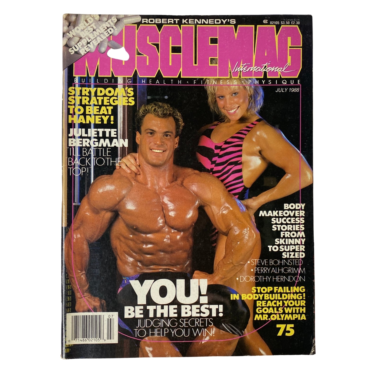Cover of MuscleMag International Magazine July 1988 No. 75 featuring Luiz Freitas and Cacille Christensen, showcasing bodybuilding highlights and training insights.