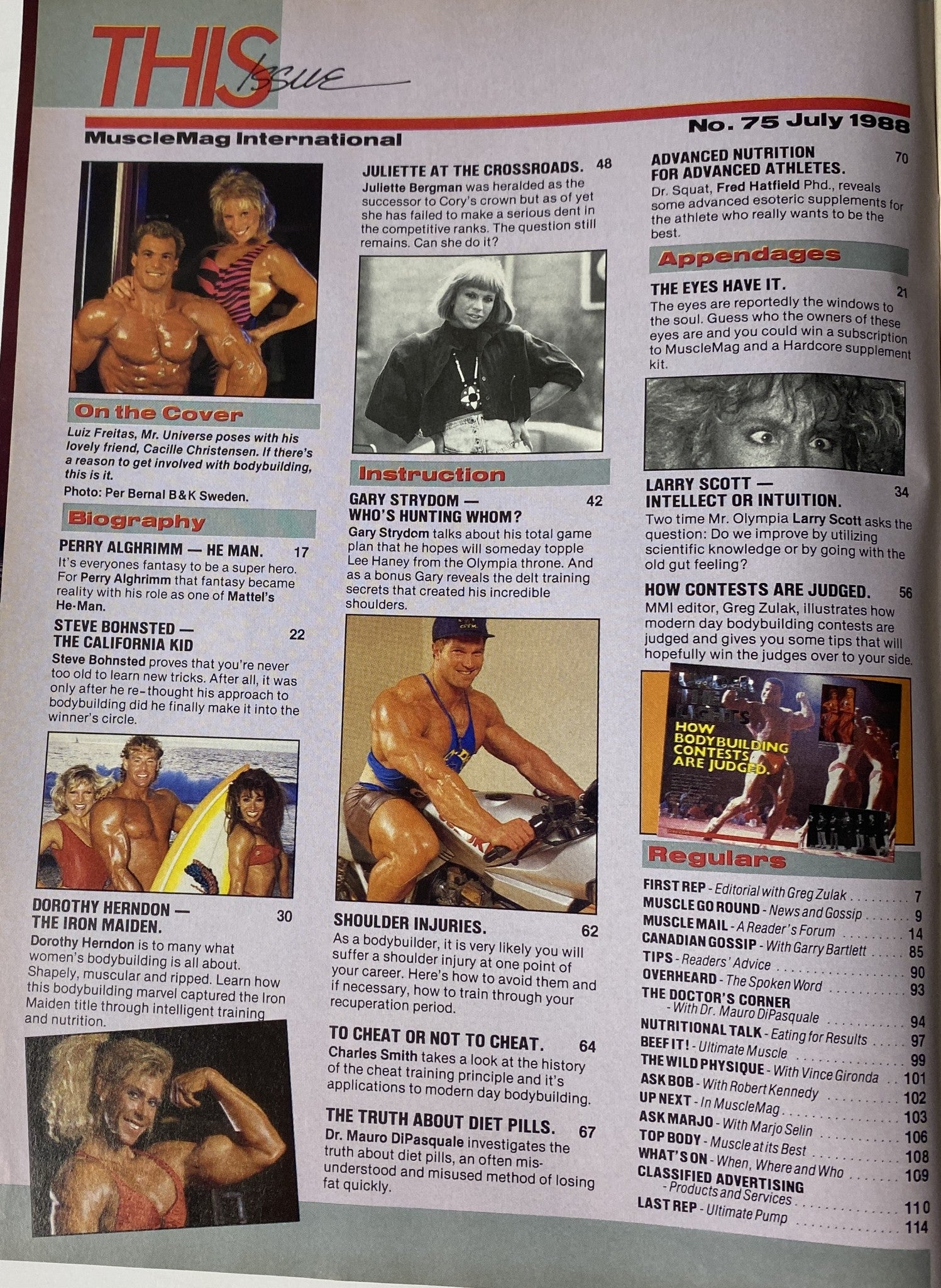 Inside page of MuscleMag International Magazine July 1988 No. 75 revealing key articles and features, including biographies and training tips, highlighting prominent bodybuilders.