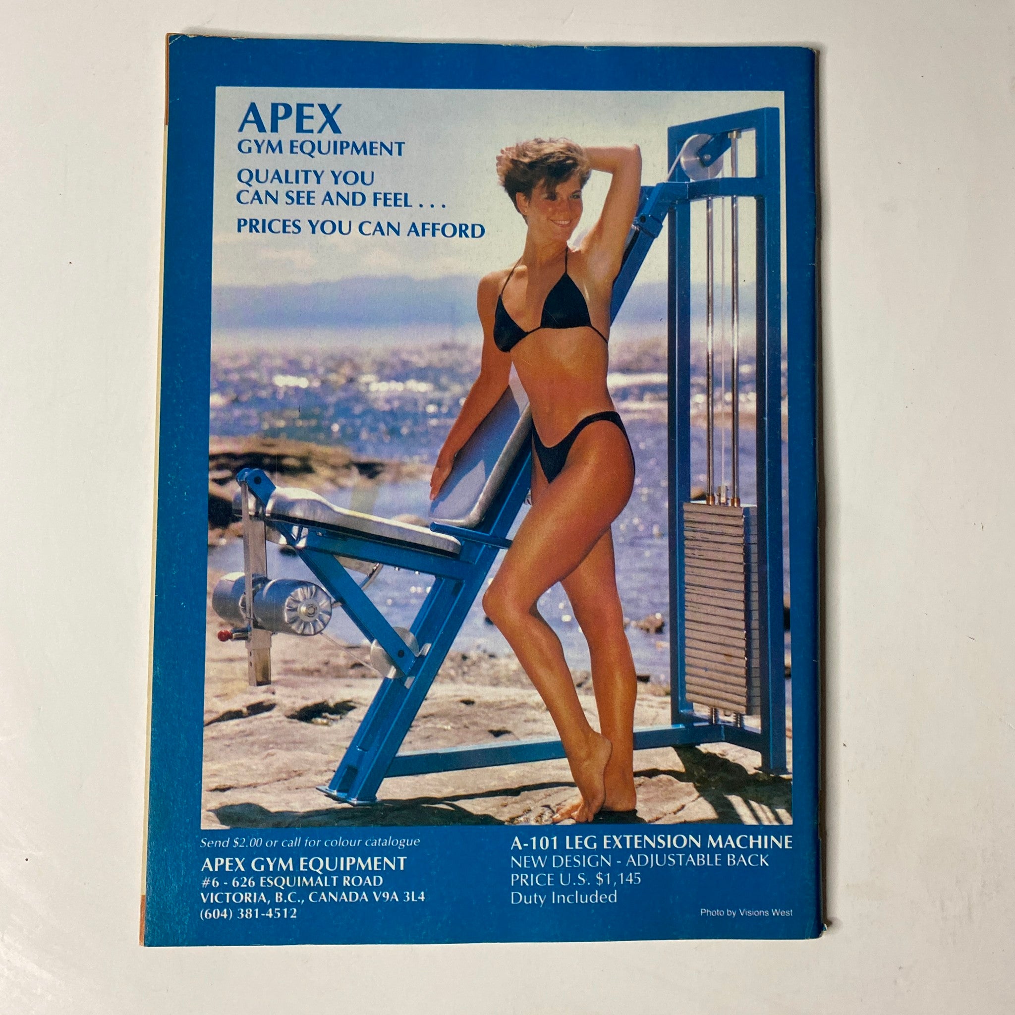 Back cover of MuscleMag International Magazine July 1988 No. 75 promoting Apex Gym Equipment, underscoring fitness quality and affordable prices.