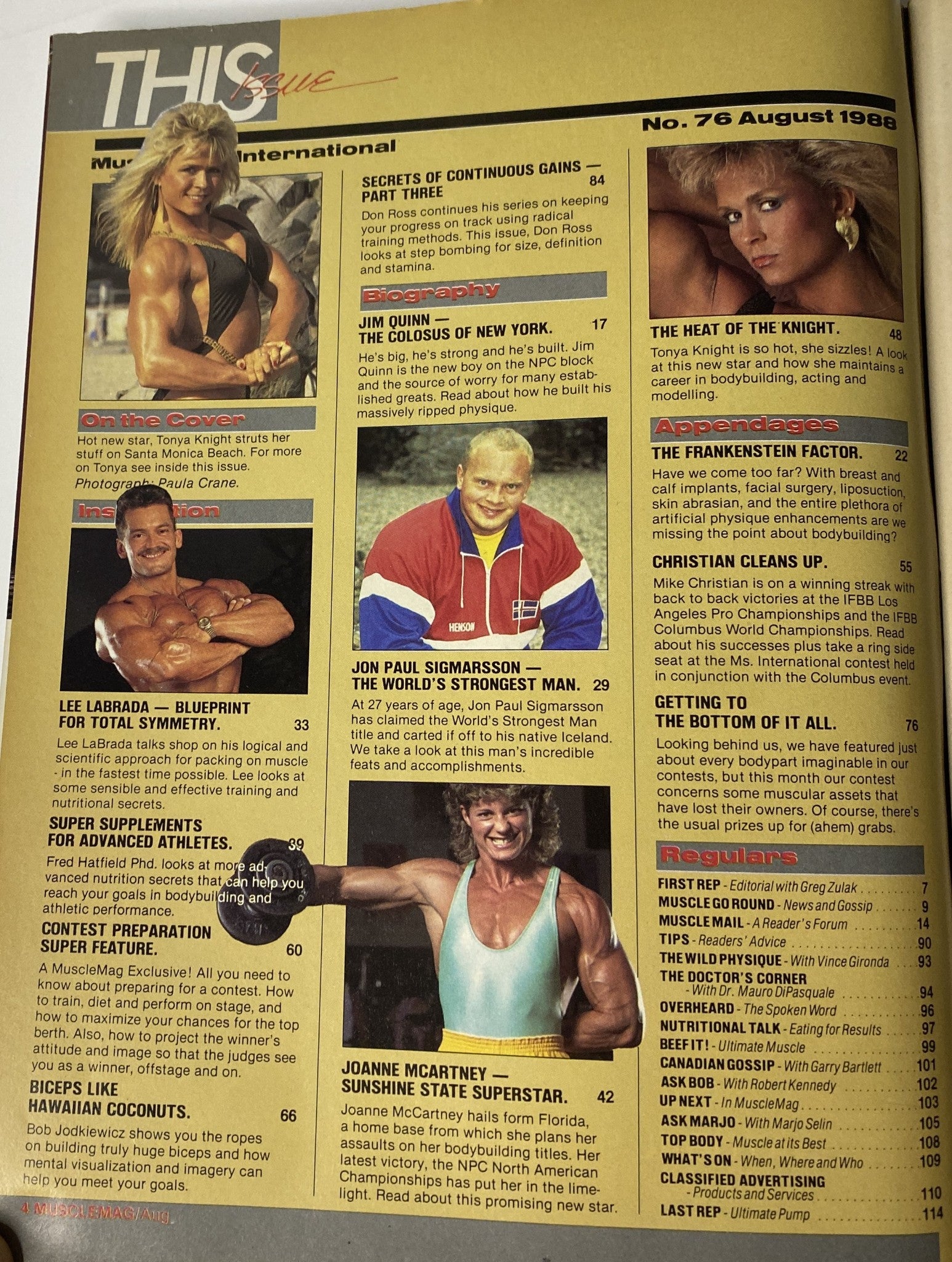 Inside spread of MuscleMag International Magazine August 1988 No. 76, highlighting Tonya Knight and other bodybuilding icons, with articles on training, nutrition, and competition prep.