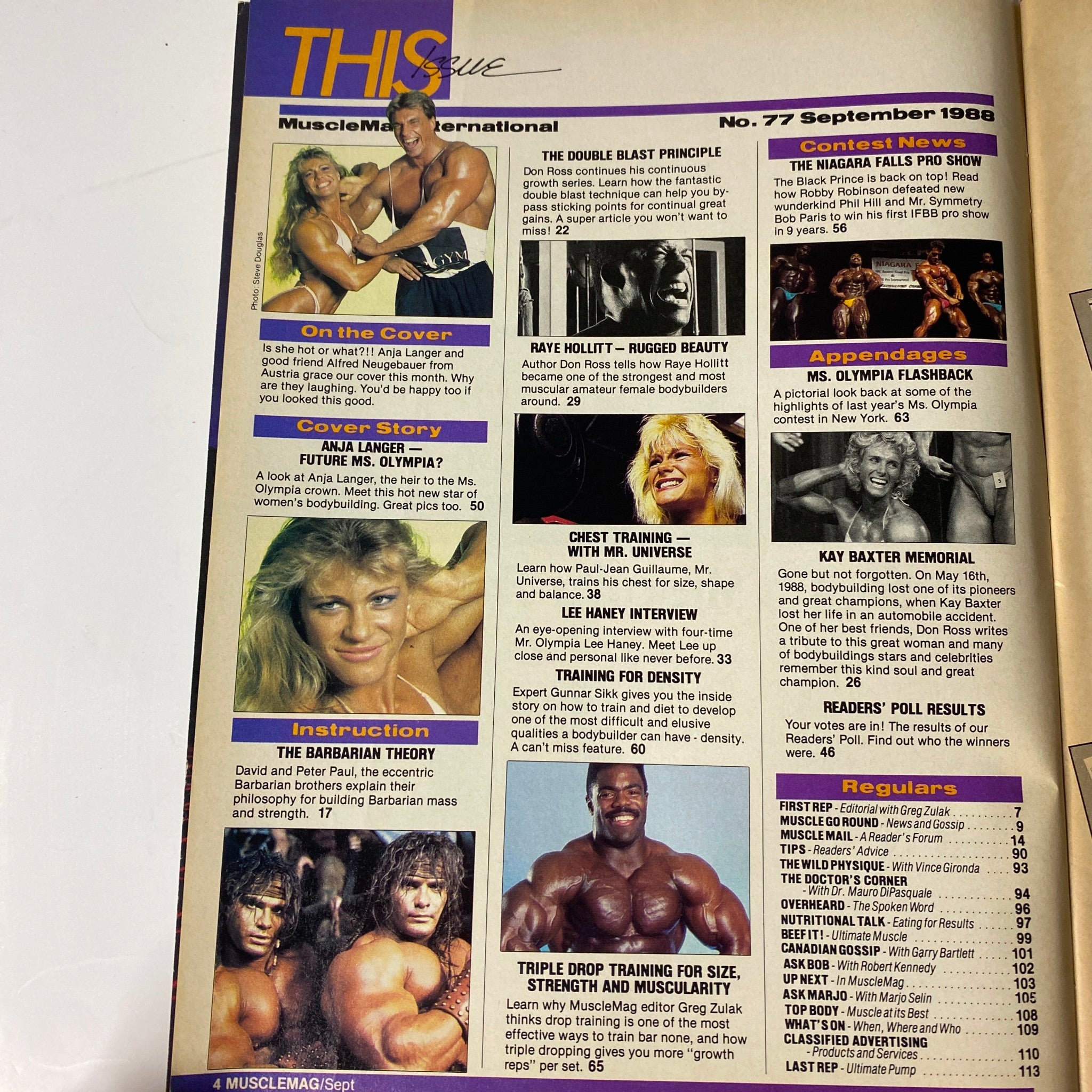 Inside page from MuscleMag International Magazine September 1988 No. 77, highlighting articles and features on Anja Langer, training techniques, and contest coverage in the bodybuilding world.