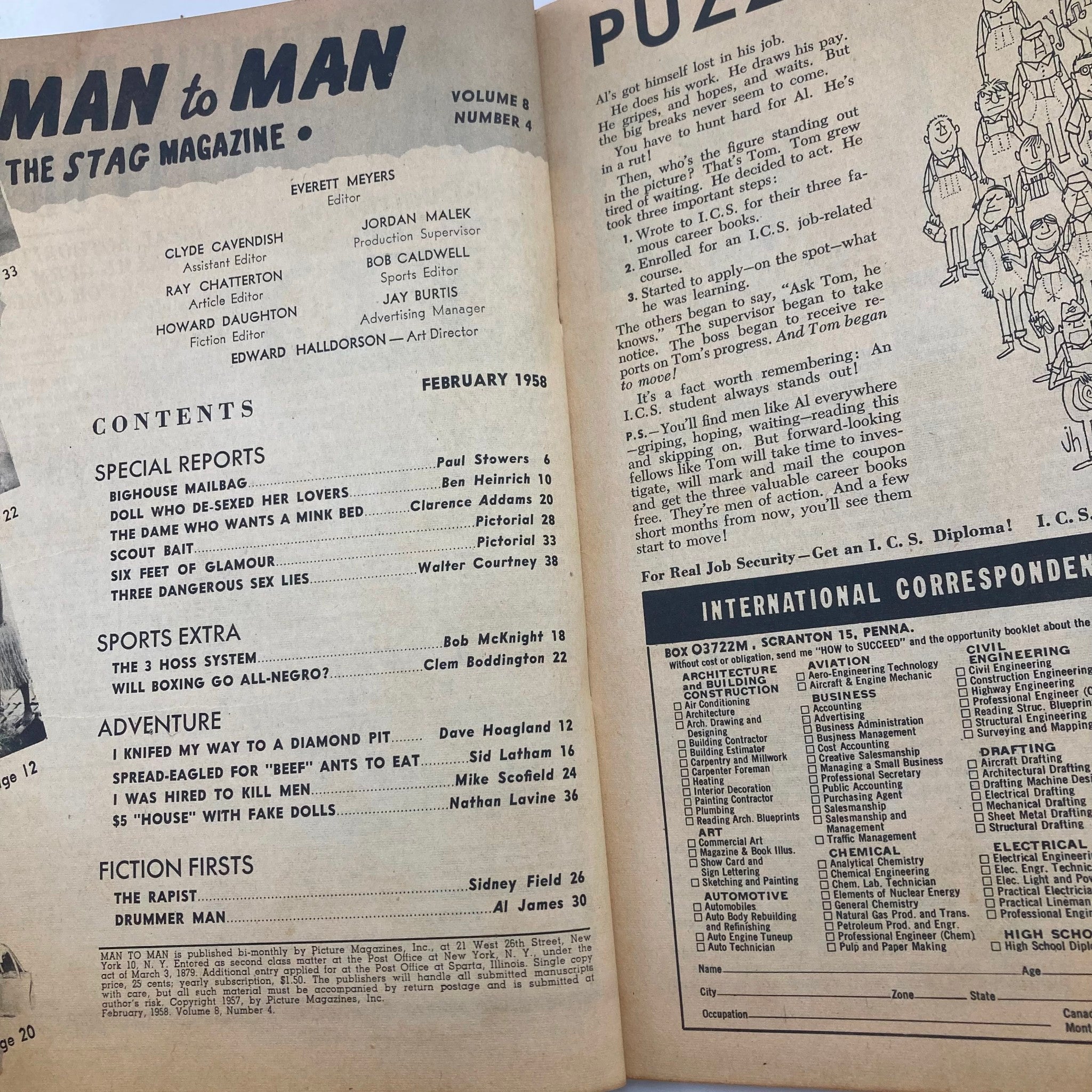 VTG Man to Man Magazine February 1958 Vol 8 #4 The 3 Hoss System No Label