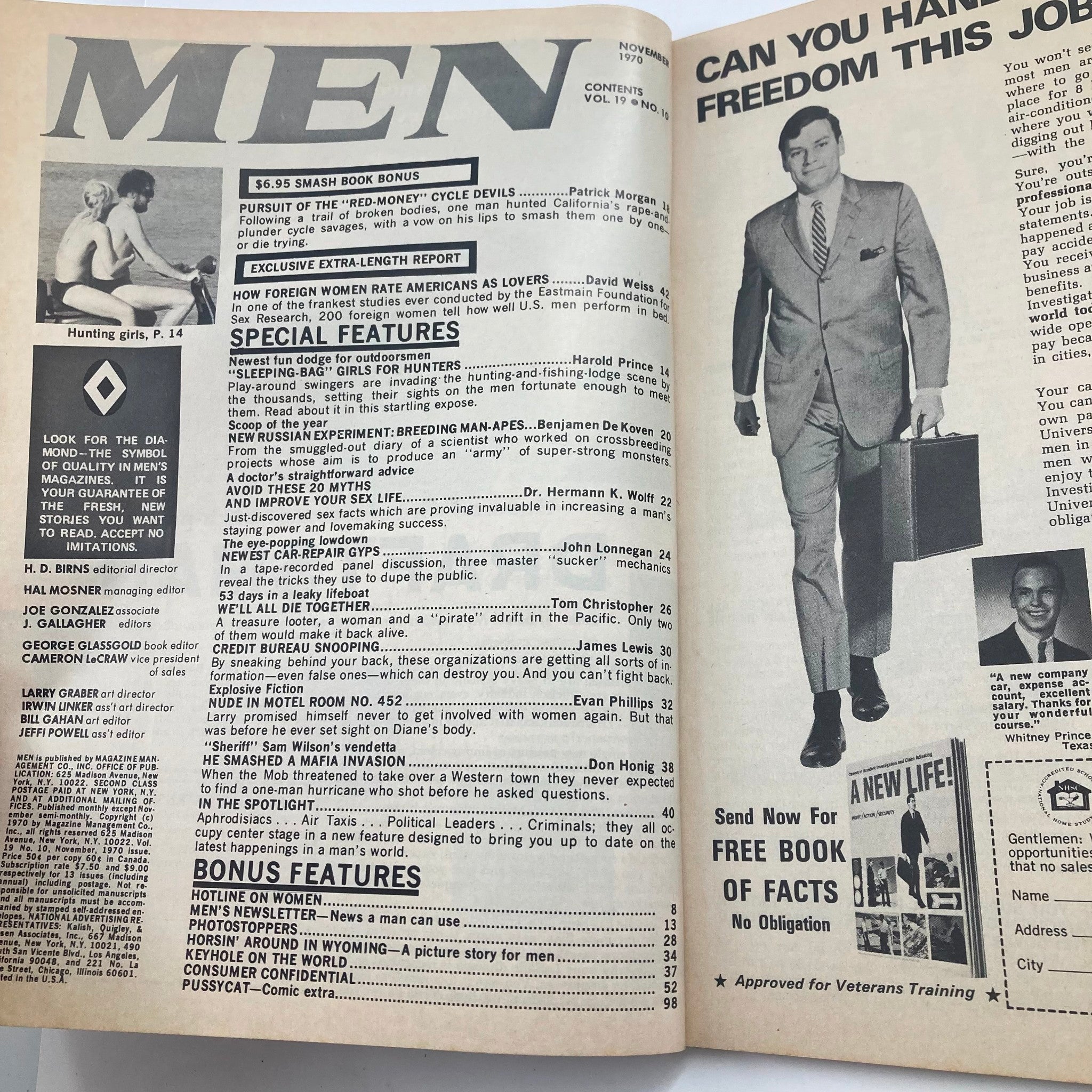 Interior page of VTG Men Magazine from November 1970, Vol 19 #10 displaying the contents section, highlighting articles including 'Sleeping-Bag Girls for Hunters' and 'How Foreign Women Rate Americans as Lovers'.