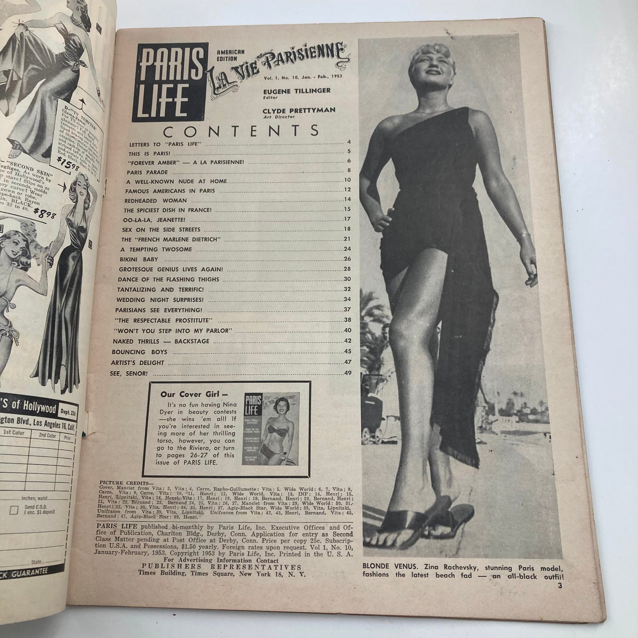 Inside page of VTG Paris Life Magazine January 1953 showing table of contents, reflecting the vintage style and themes of Parisian life.