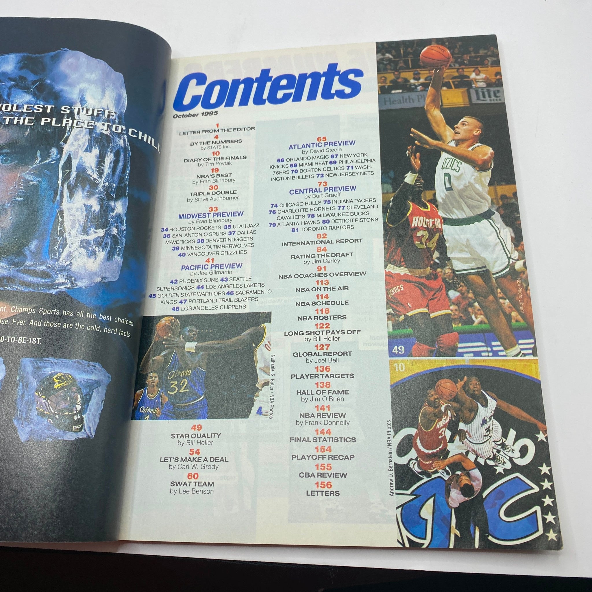 Table of contents from Street & Smith's Pro Basketball Magazine 1995-1996, showcasing features like Atlantic Preview, playoff recap, and player statistics.