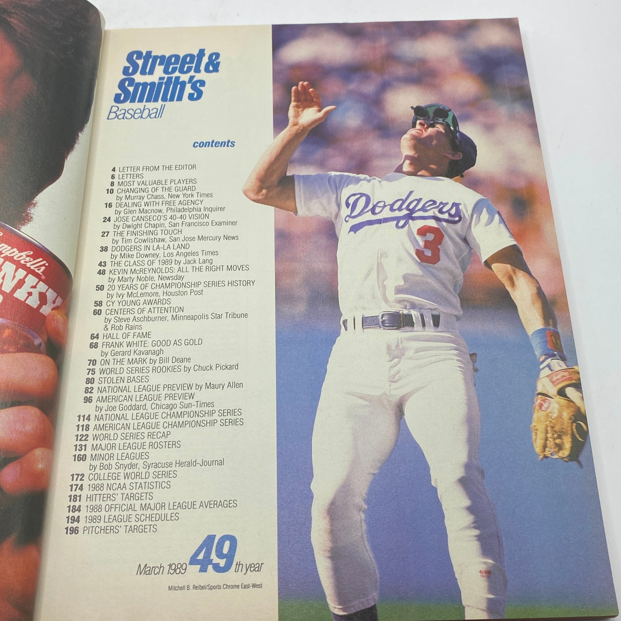 Inside page of VTG Street & Smith's Baseball Magazine 1989 49th Year, displaying the contents page with articles including 'Changing of the Guard in Boston'.