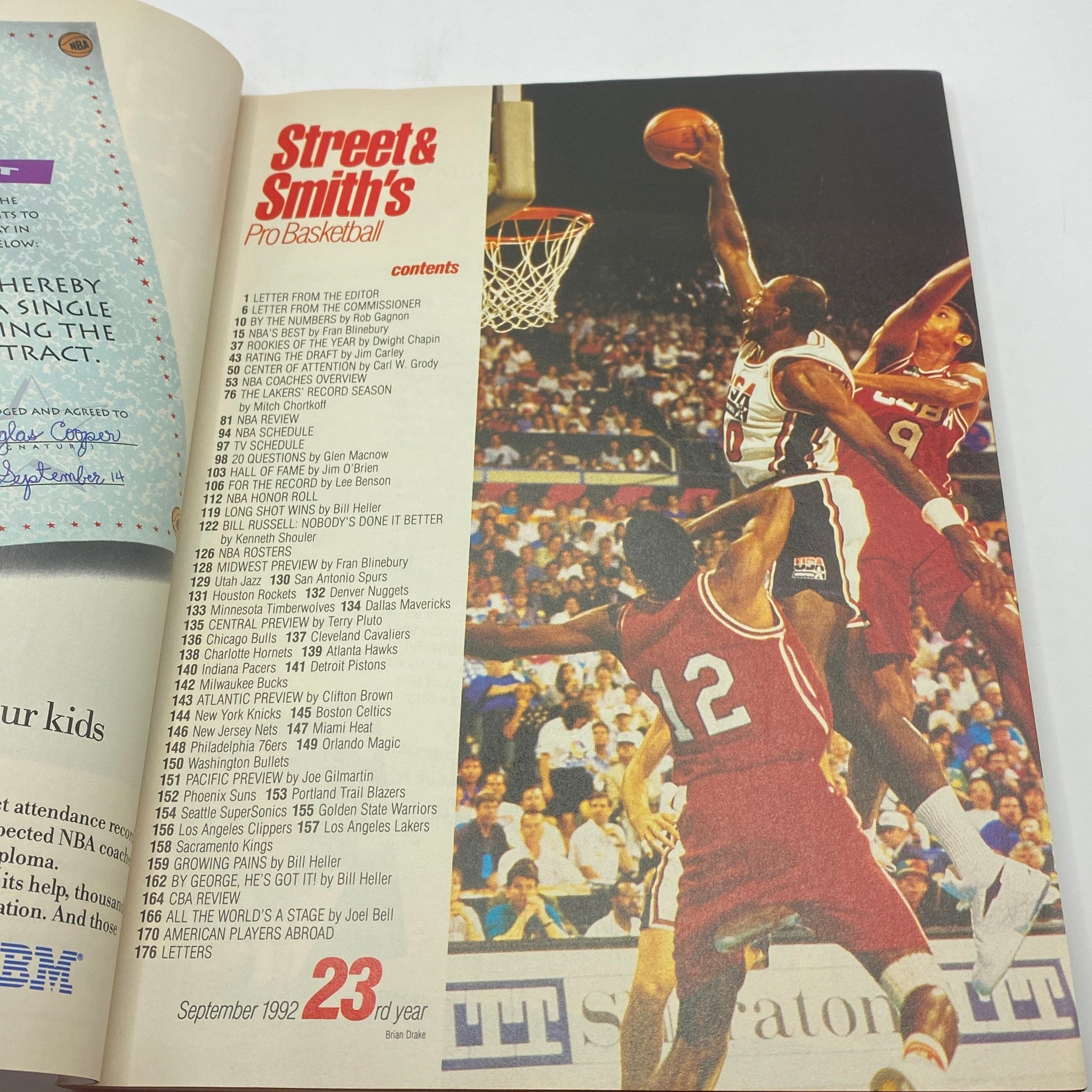 Interior page of Street & Smith's Pro Basketball Magazine 1992-1993 showing the contents list alongside an action shot of a basketball player dunking, showcasing the magazine's focus on the NBA.