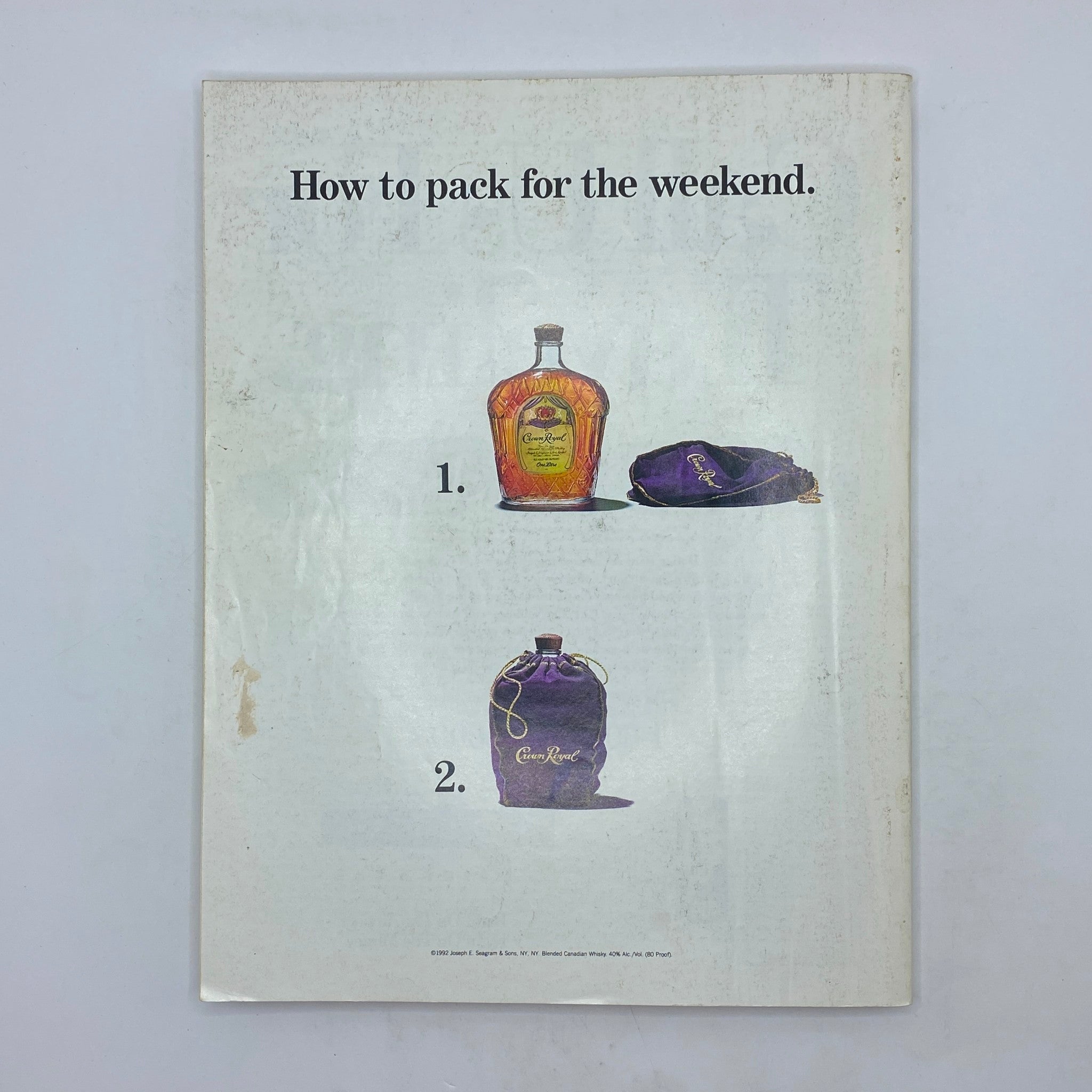 Back cover of Street & Smith's Pro Basketball Magazine 1992-1993 featuring an illustration detailing how to pack for the weekend with a bottle of Crown Royal whiskey and a purple Crown Royal bag.